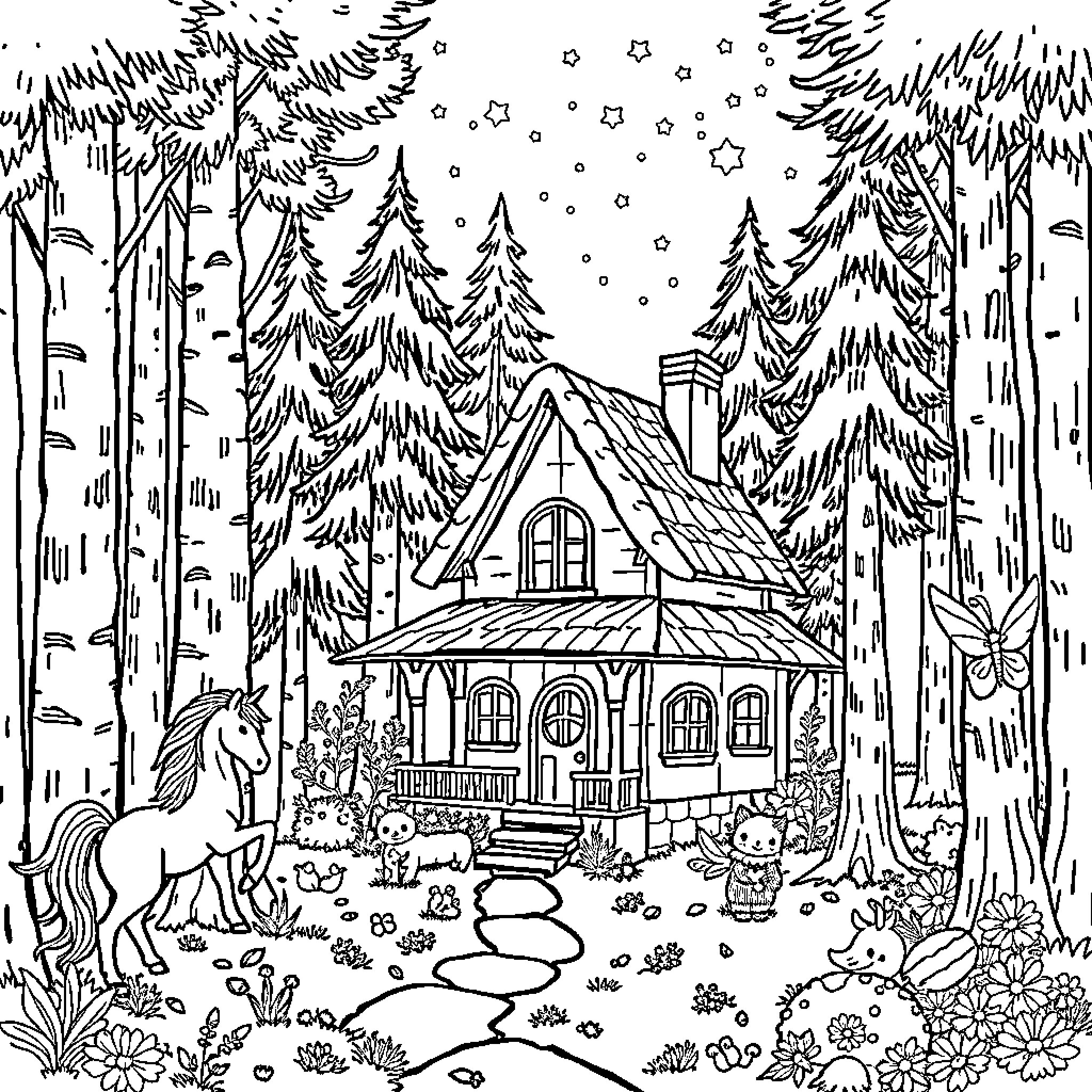 House in the Winter Forest with Animals Coloring Page (free black-and-white line drawing printable PDF for all, from beginners to advanced learners, including children, teens, adults, and seniors)