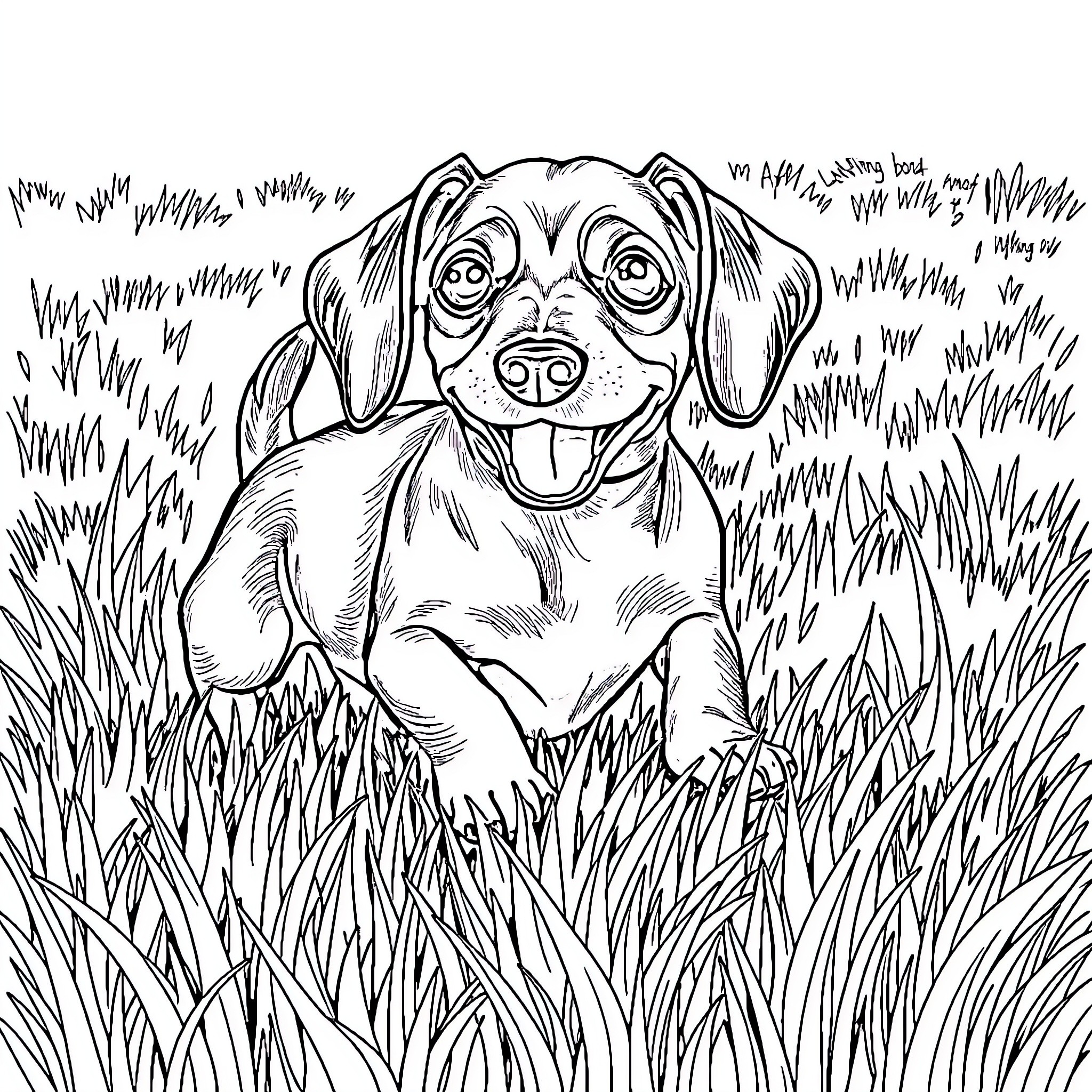 Dog enjoying the outdoors in tall grass Coloring Page (free black-and-white line drawing printable PDF for all, from beginners to advanced learners, including children, teens, adults, and seniors)