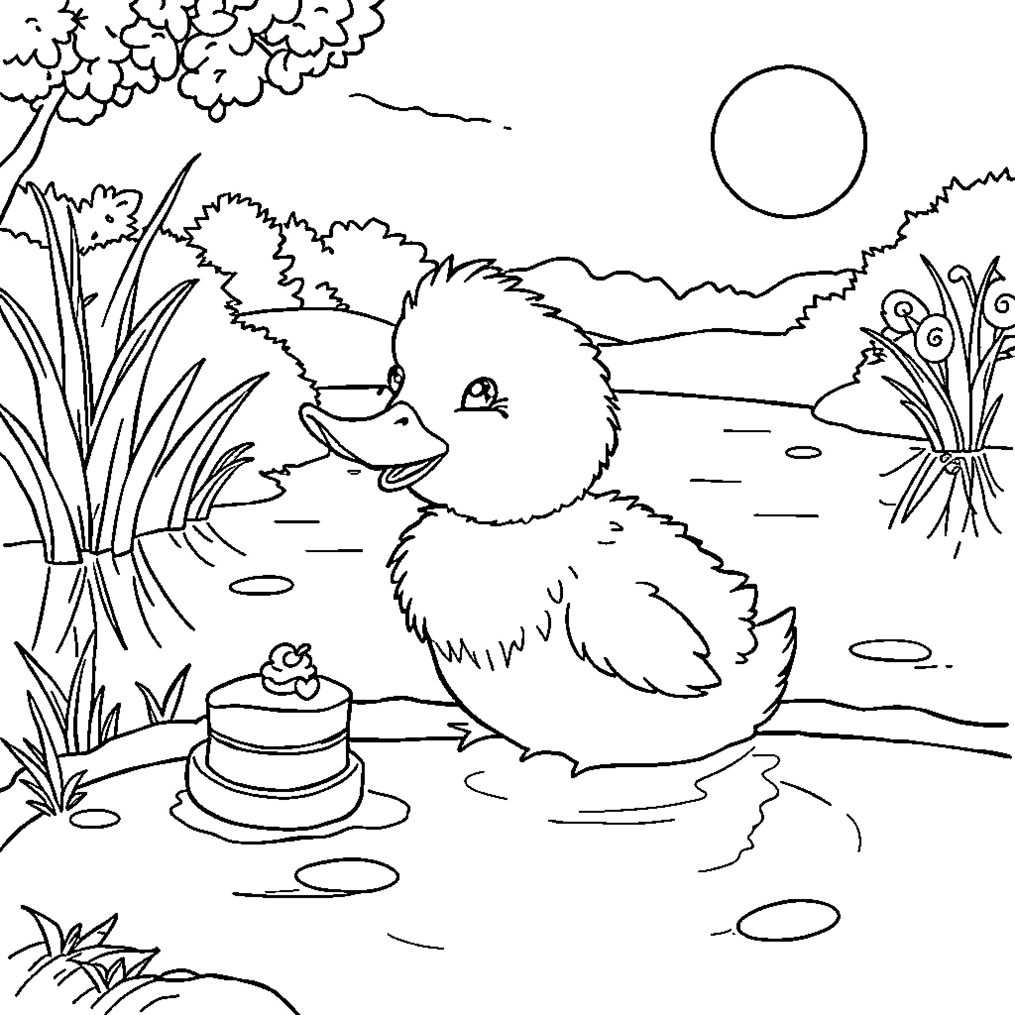 Duck enjoying a pond scene with cake Coloring Page (free black-and-white line drawing printable PDF for all, from beginners to advanced learners, including children, teens, adults, and seniors)