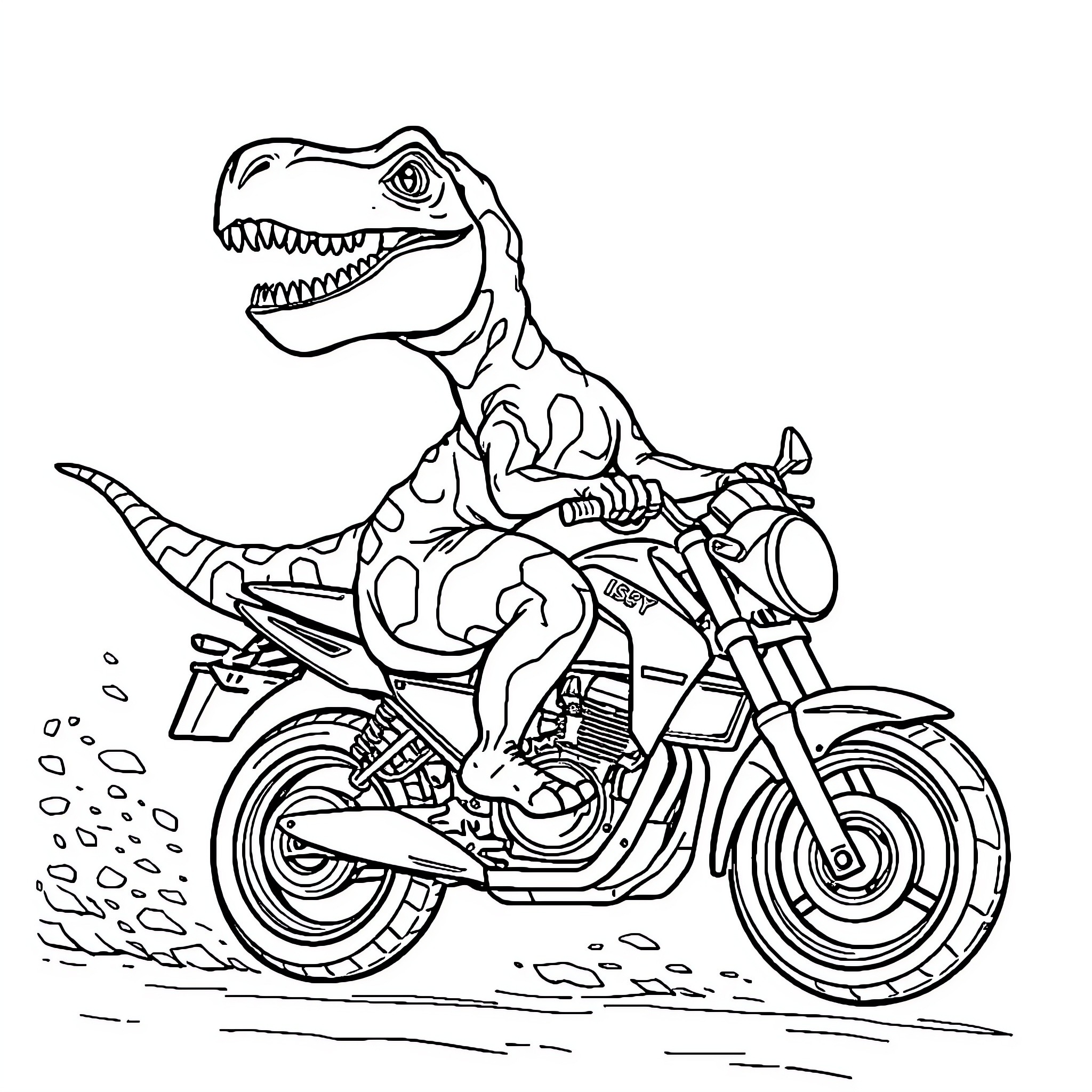 Dinosaur riding a motorcycle with determination Coloring Page (free black-and-white line drawing printable PDF for all, from beginners to advanced learners, including children, teens, adults, and seniors)