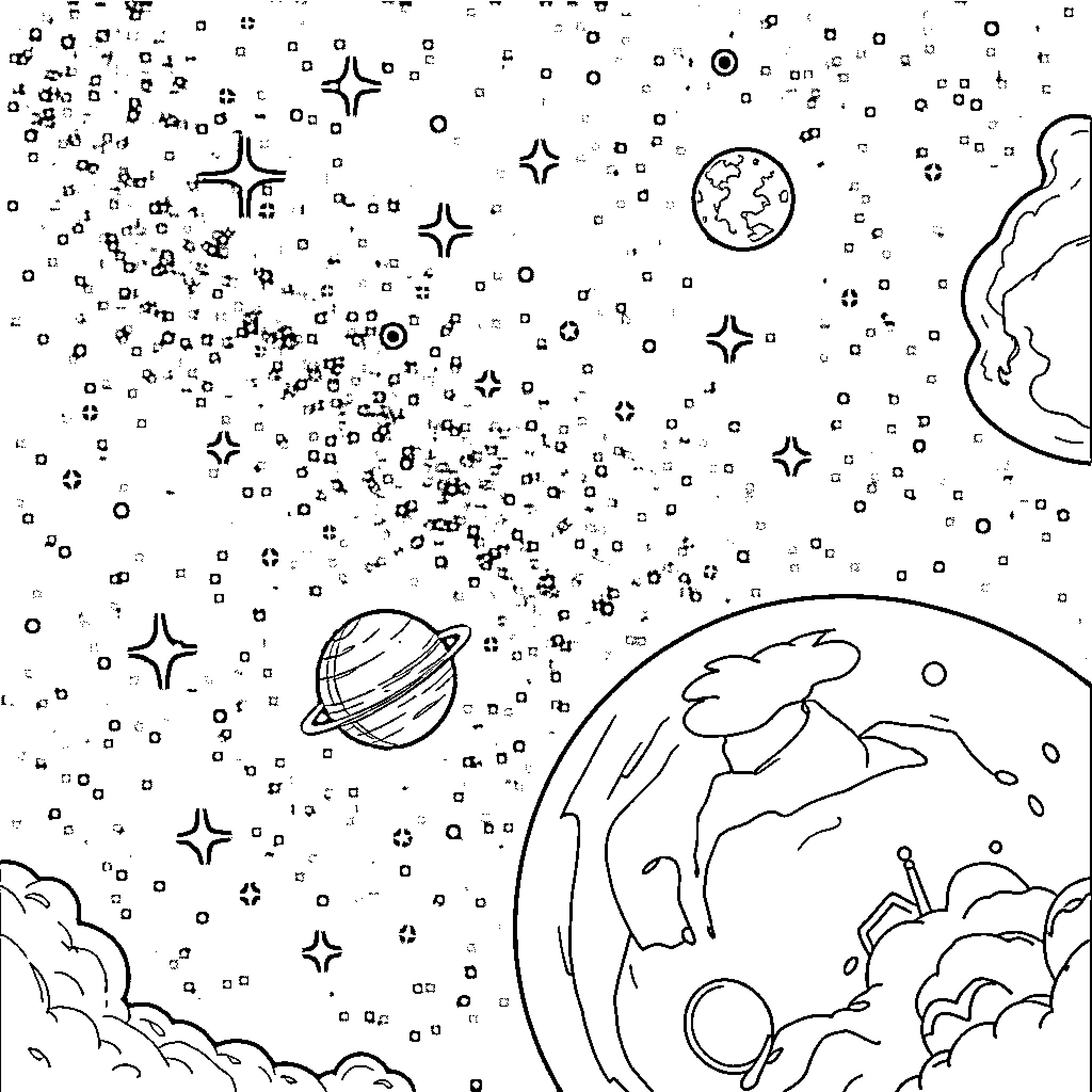 Space Wonders and Cosmic Exploration Coloring Page (free black-and-white line drawing printable PDF for all, from beginners to advanced learners, including children, teens, adults, and seniors)