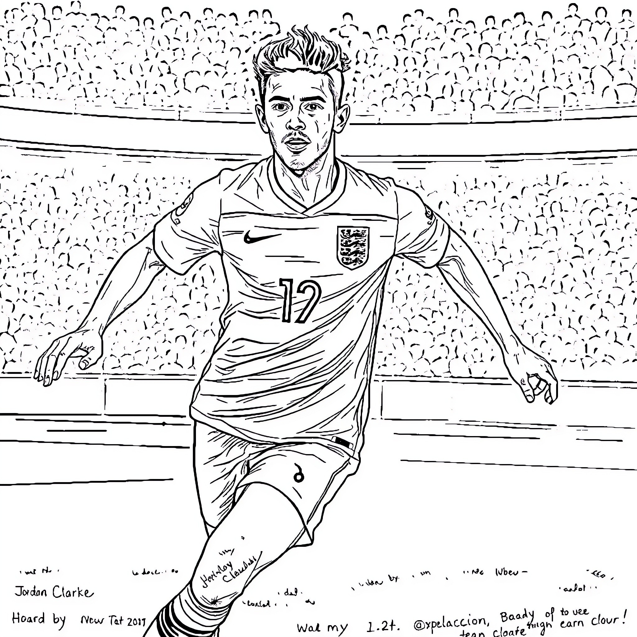 Jordan Clarke playing football on the field Coloring Page (free black-and-white line drawing printable PDF for all, from beginners to advanced learners, including children, teens, adults, and seniors)