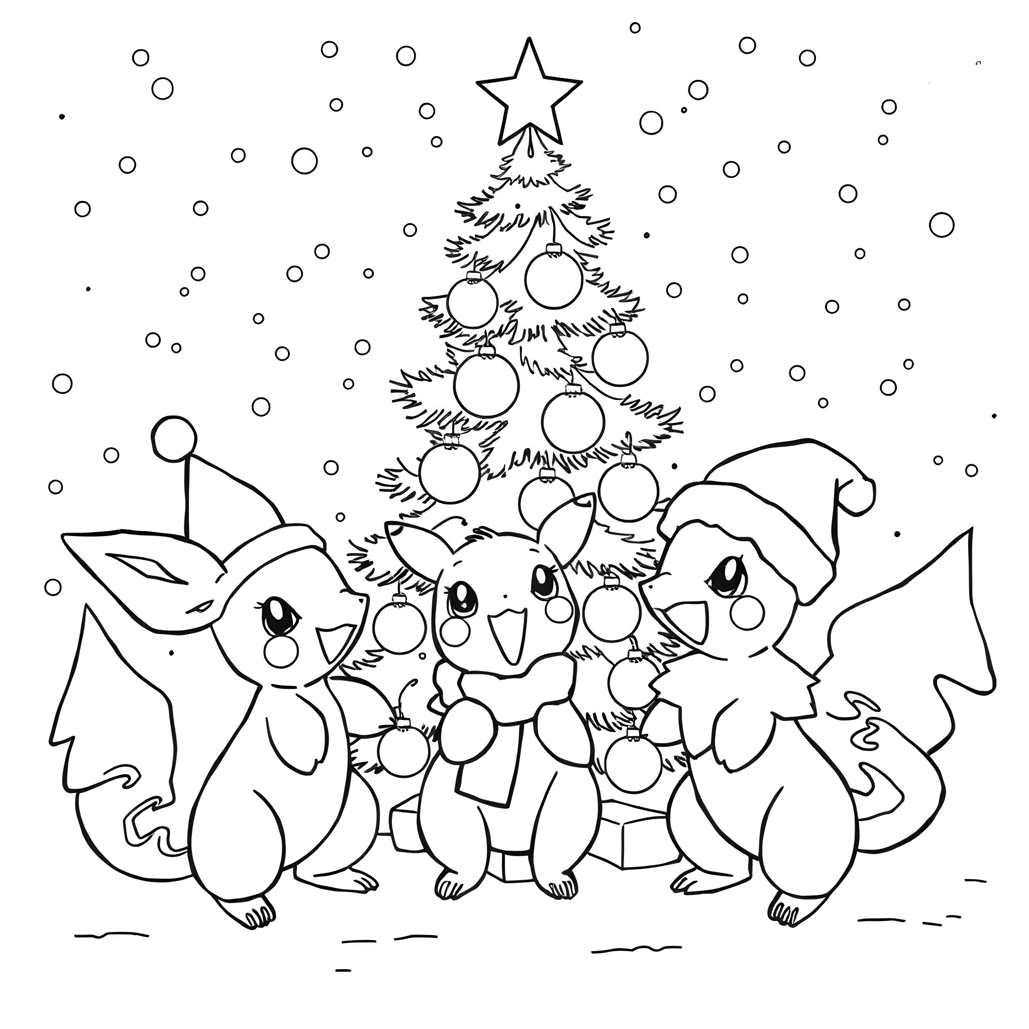 Water Pokemon celebrating Christmas around a tree Coloring Page (free black-and-white line drawing printable PDF for all, from beginners to advanced learners, including children, teens, adults, and seniors)
