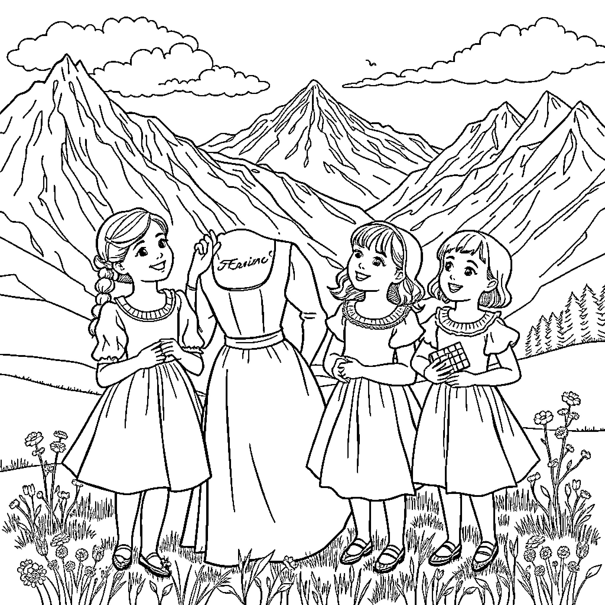 Sound of Music: Women in Traditional Dresses Exploring Mountainous Landscape Coloring Page (free black-and-white line drawing printable PDF for all, from beginners to advanced learners, including children, teens, adults, and seniors)
