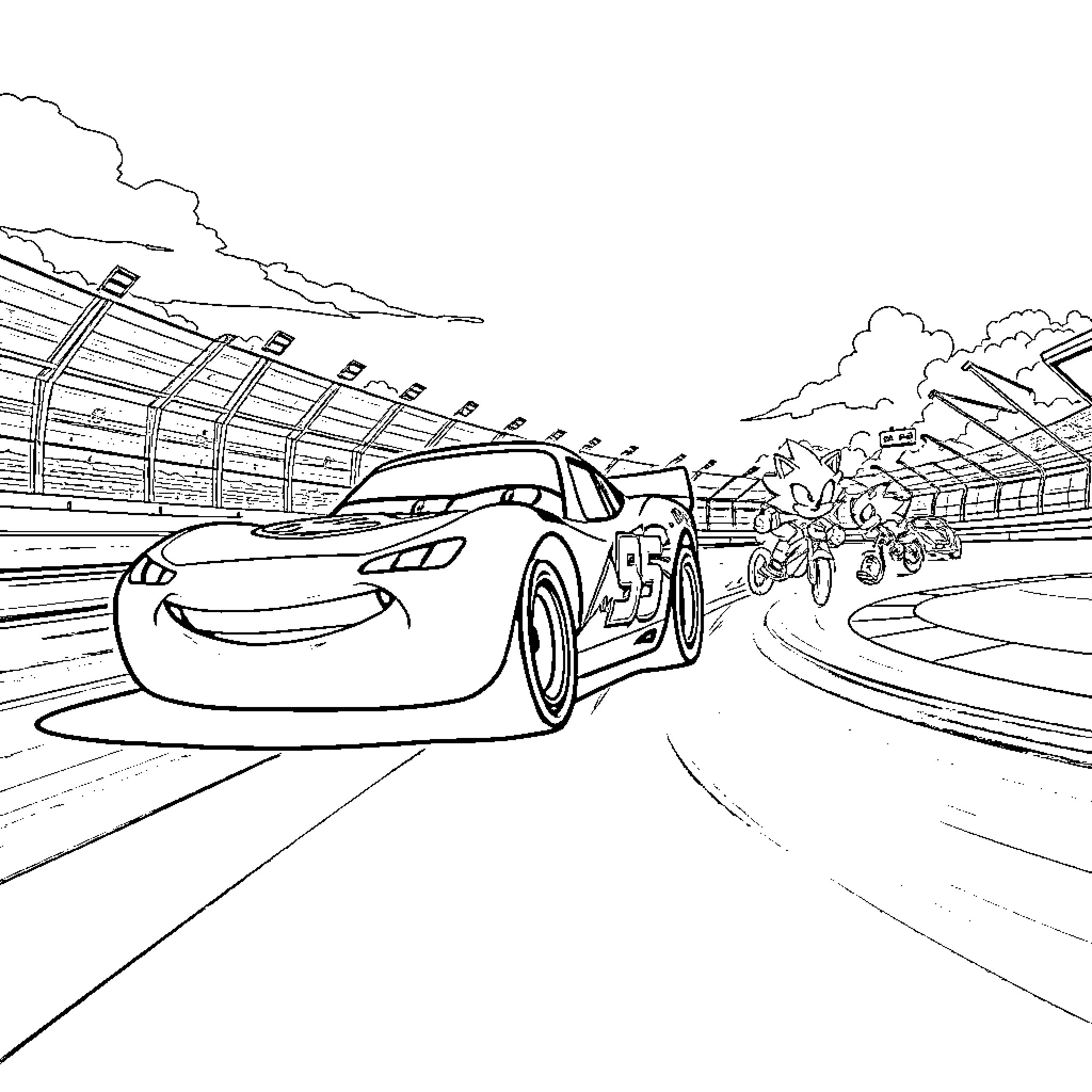Lightning McQueen racing on the track with other cars Coloring Page (free black-and-white line drawing printable PDF for all, from beginners to advanced learners, including children, teens, adults, and seniors)