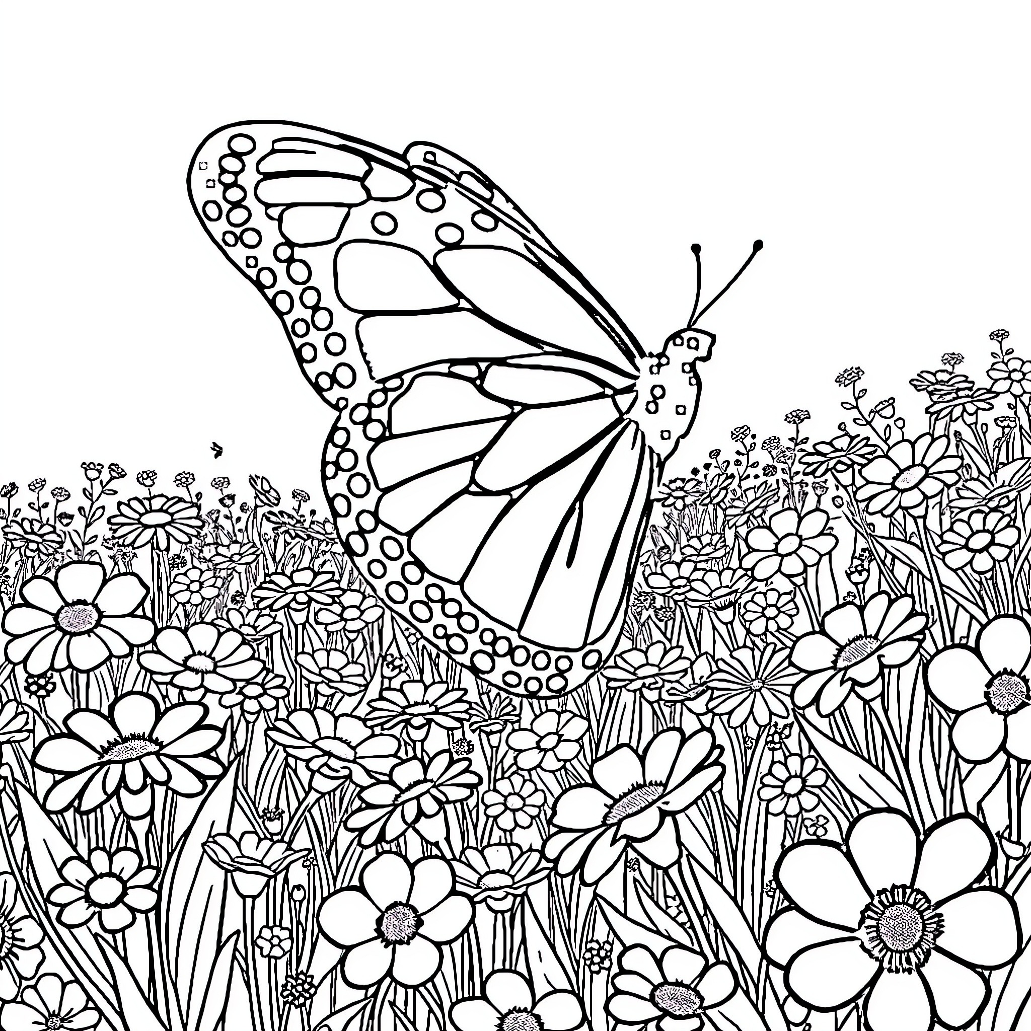 Butterfly soaring gracefully through a vibrant floral meadow Coloring Page (free black-and-white line drawing printable PDF for all, from beginners to advanced learners, including children, teens, adults, and seniors)