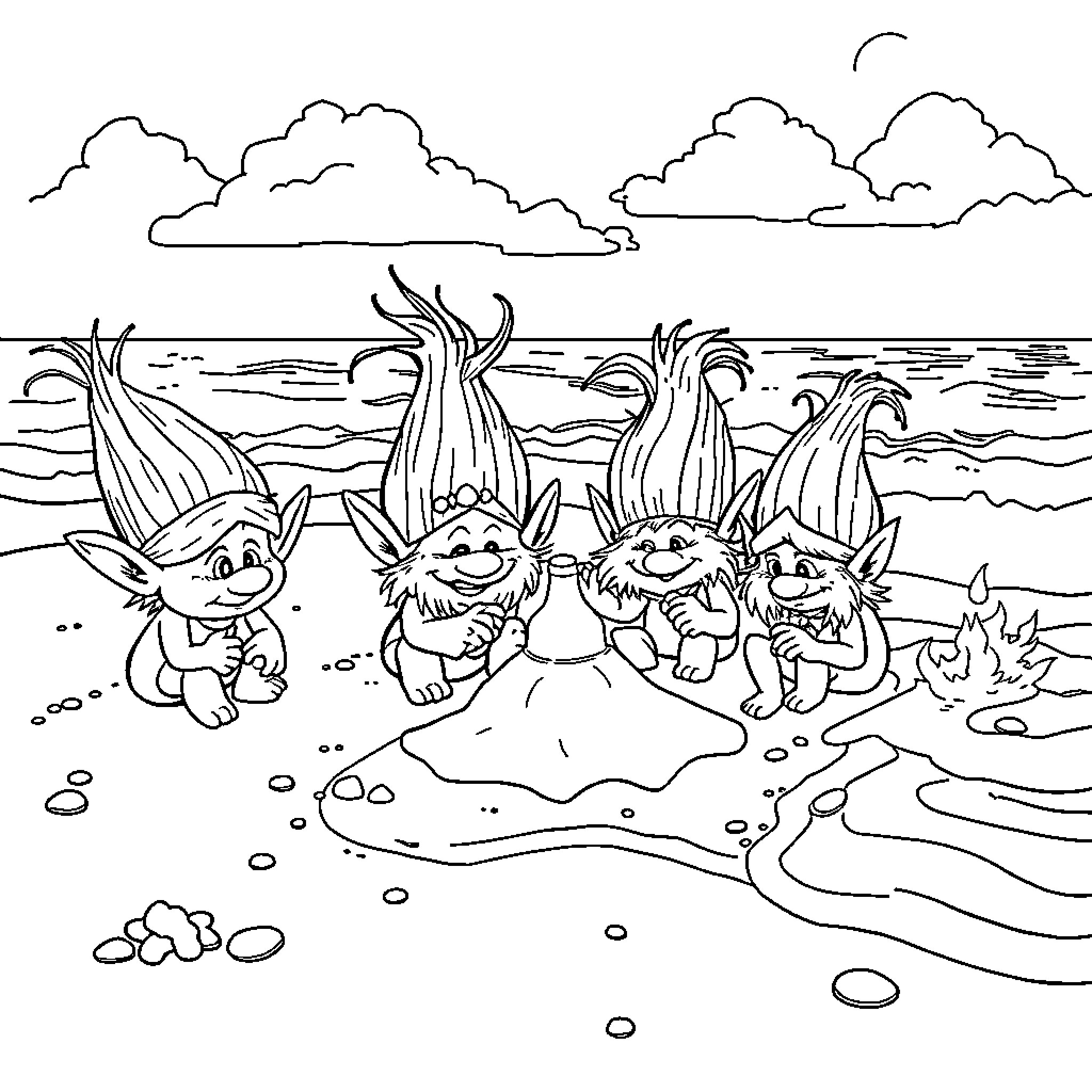 Troll friends enjoying a beach day Coloring Page (free black-and-white line drawing printable PDF for all, from beginners to advanced learners, including children, teens, adults, and seniors)