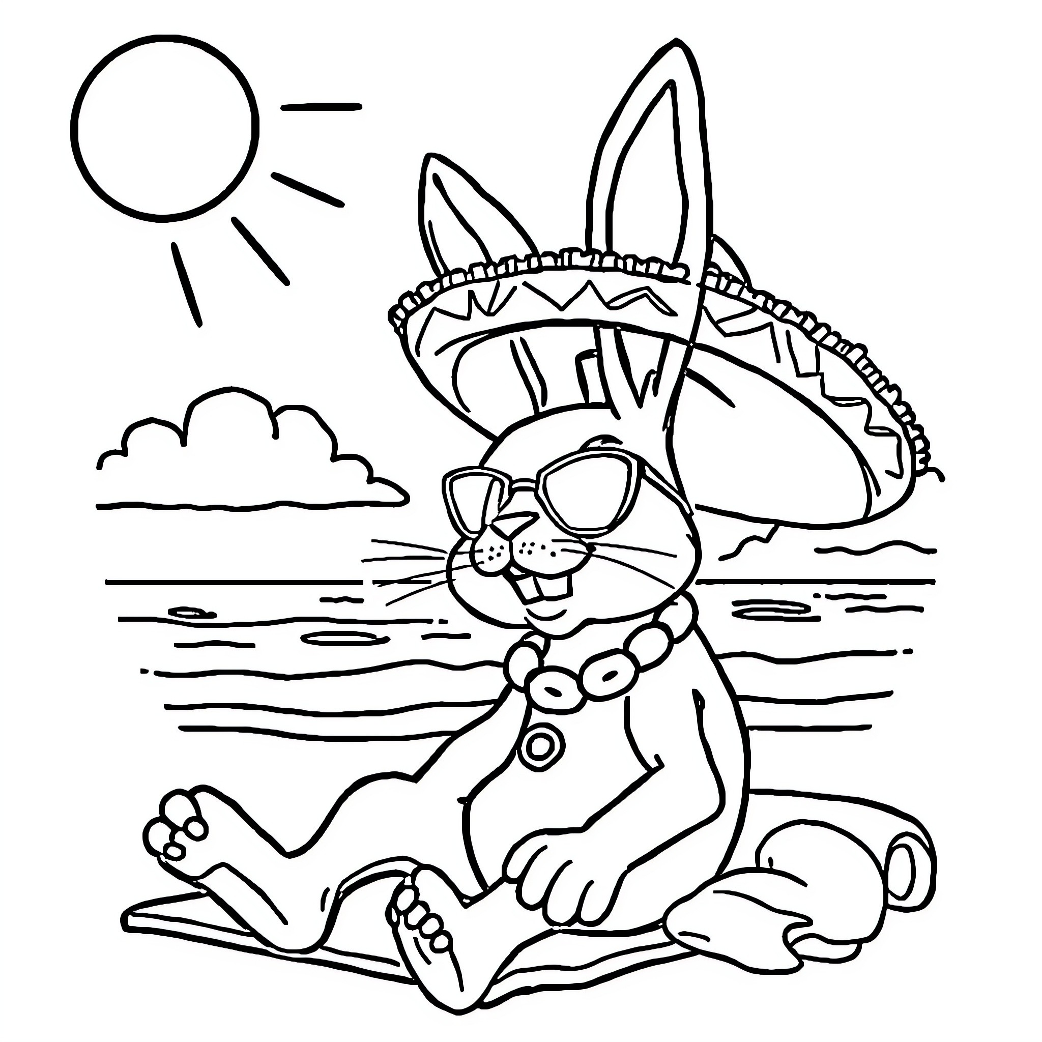 Bad Bunny enjoying the beach with sunglasses Coloring Page (free black-and-white line drawing printable PDF for all, from beginners to advanced learners, including children, teens, adults, and seniors)