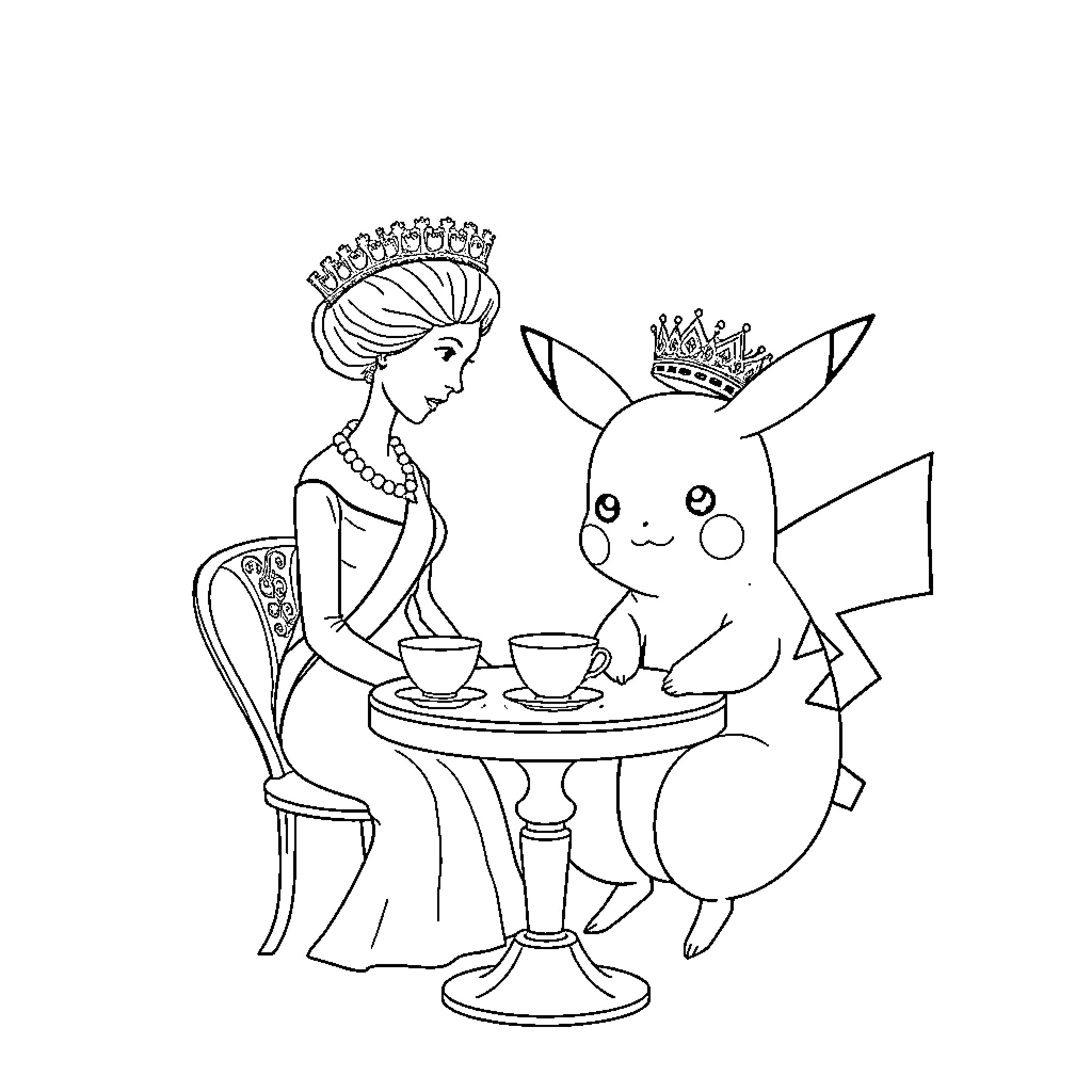 Pikachu having tea with a princess Coloring Page (free black-and-white line drawing printable PDF for all, from beginners to advanced learners, including children, teens, adults, and seniors)