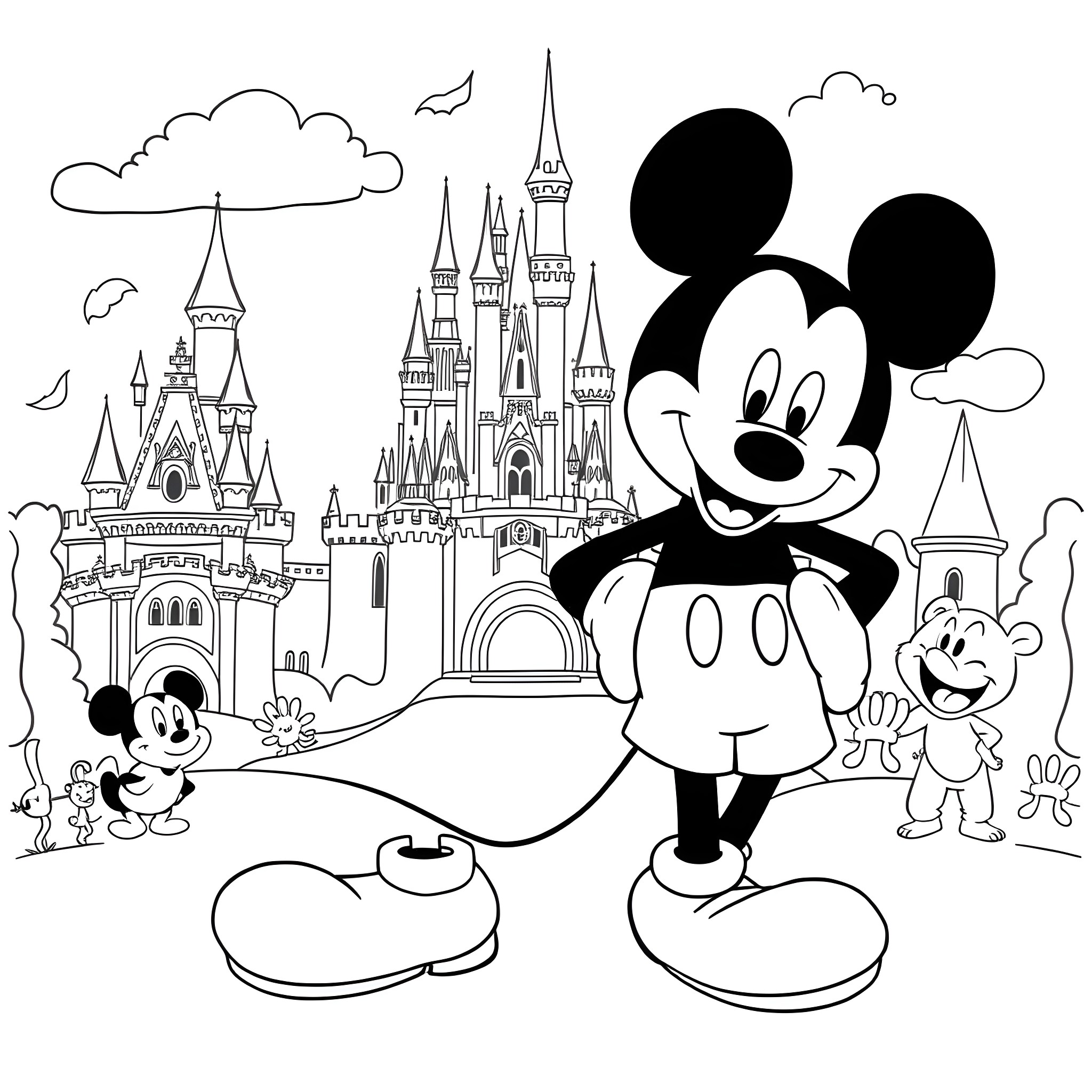 Mickey Mouse and friends at the Disney castle Coloring Page (free black-and-white line drawing printable PDF for all, from beginners to advanced learners, including children, teens, adults, and seniors)