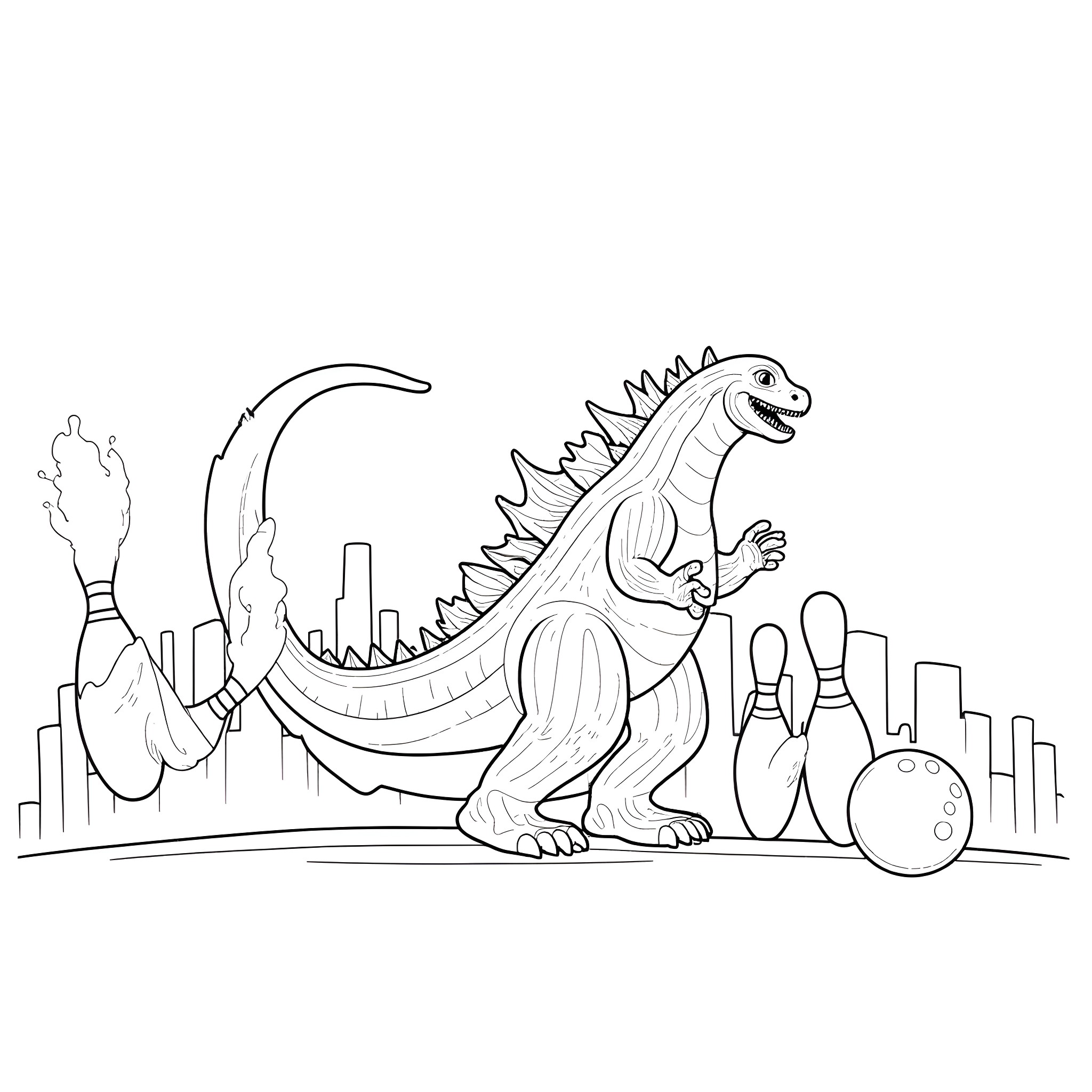 Godzilla stomping through the city Coloring Page (free black-and-white line drawing printable PDF for all, from beginners to advanced learners, including children, teens, adults, and seniors)