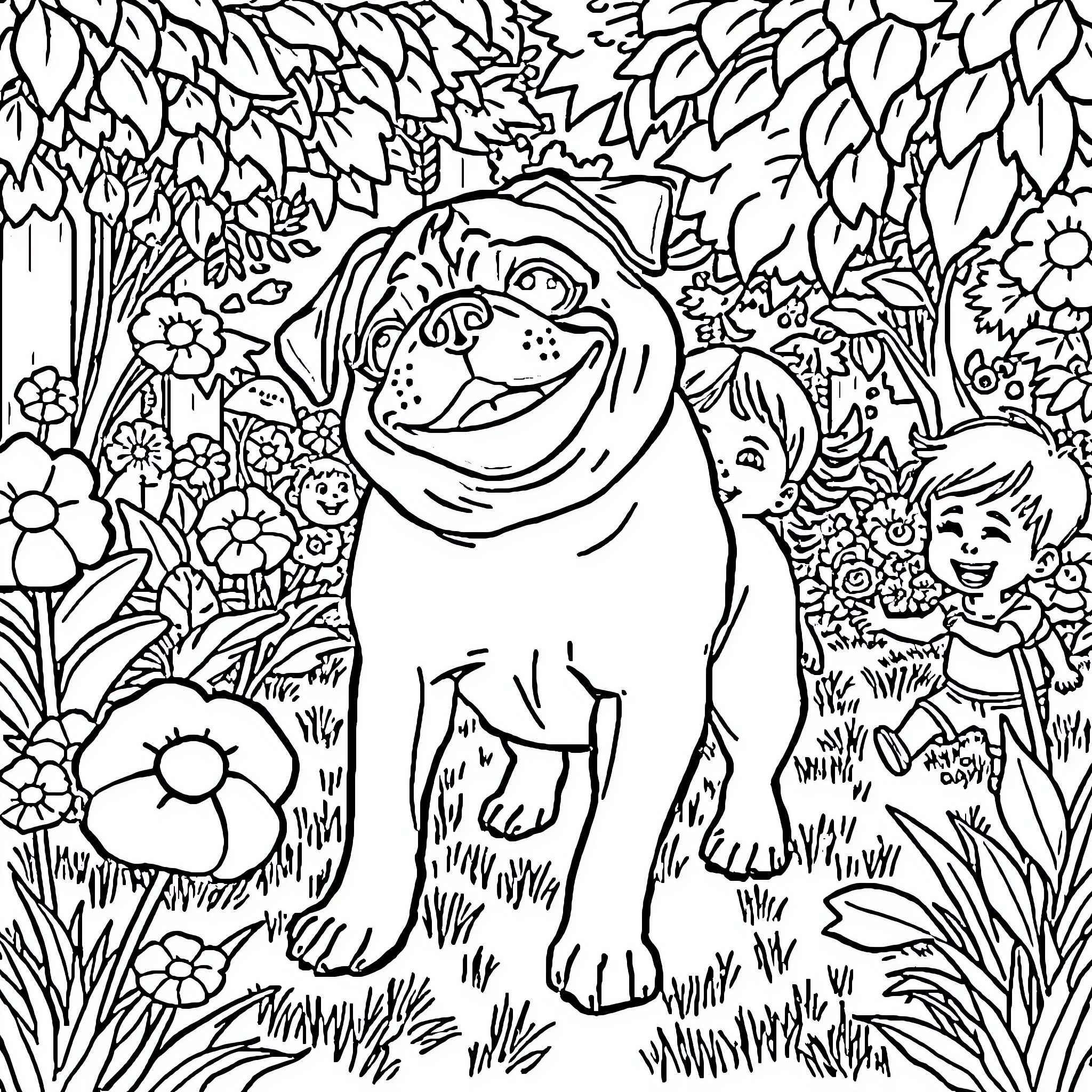 Pug playing joyfully in the garden Coloring Page (free black-and-white line drawing printable PDF for all, from beginners to advanced learners, including children, teens, adults, and seniors)