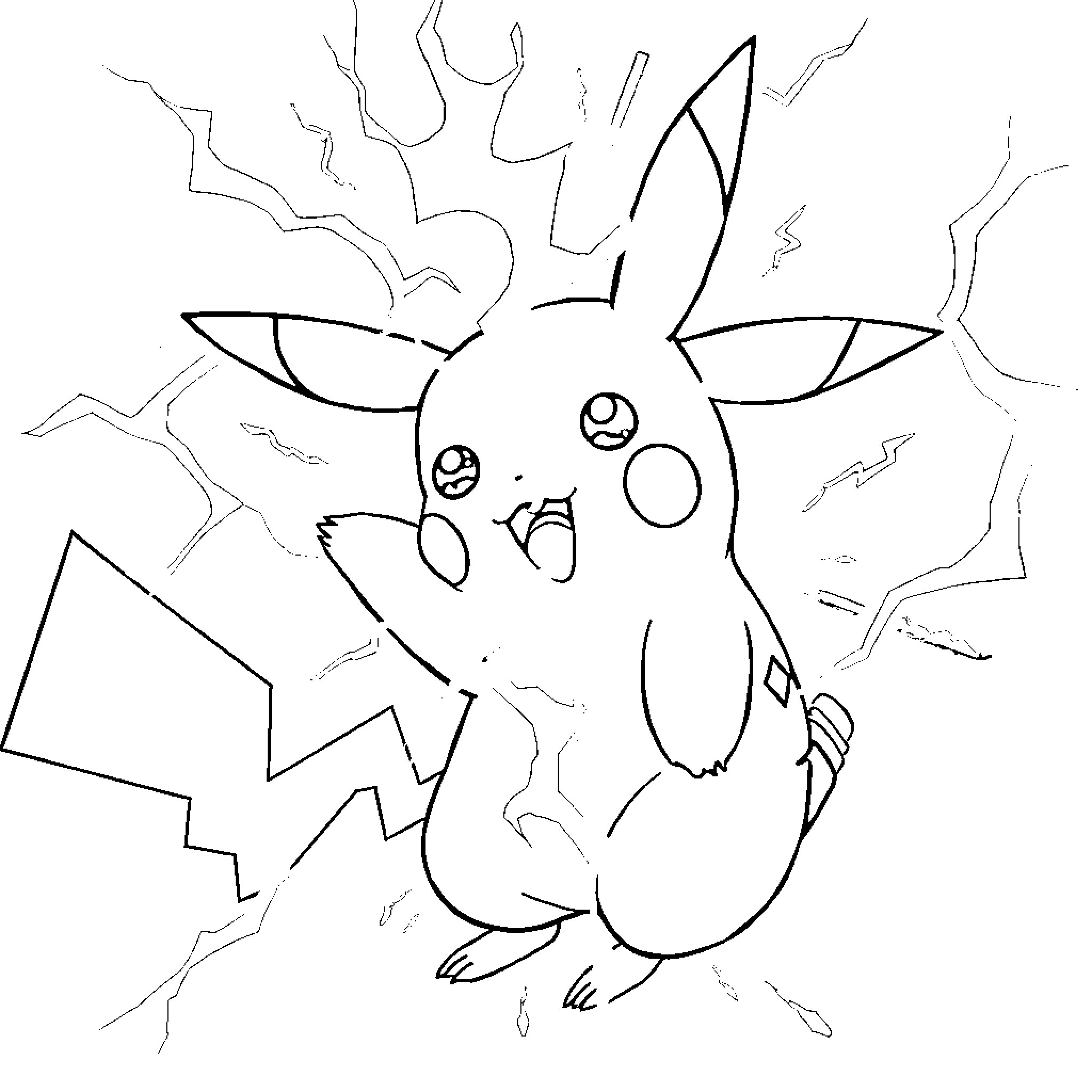 Pikachu in an Energetic Pose Coloring Page (free black-and-white line drawing printable PDF for all, from beginners to advanced learners, including children, teens, adults, and seniors)