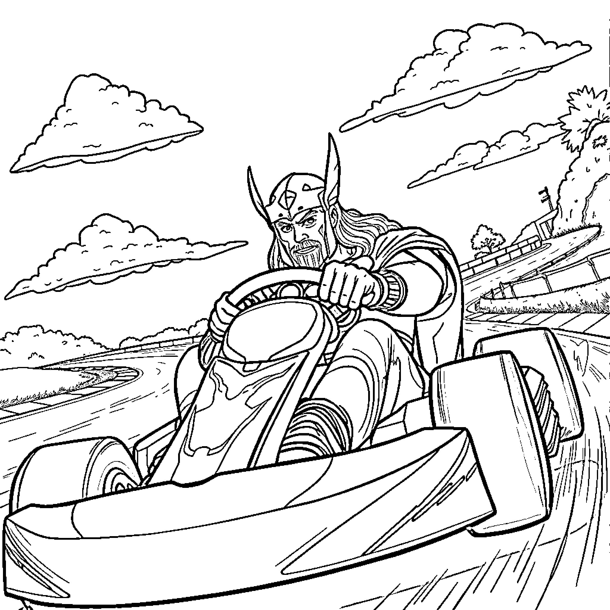 Thor driving a futuristic vehicle through the clouds Coloring Page (free black-and-white line drawing printable PDF for all, from beginners to advanced learners, including children, teens, adults, and seniors)