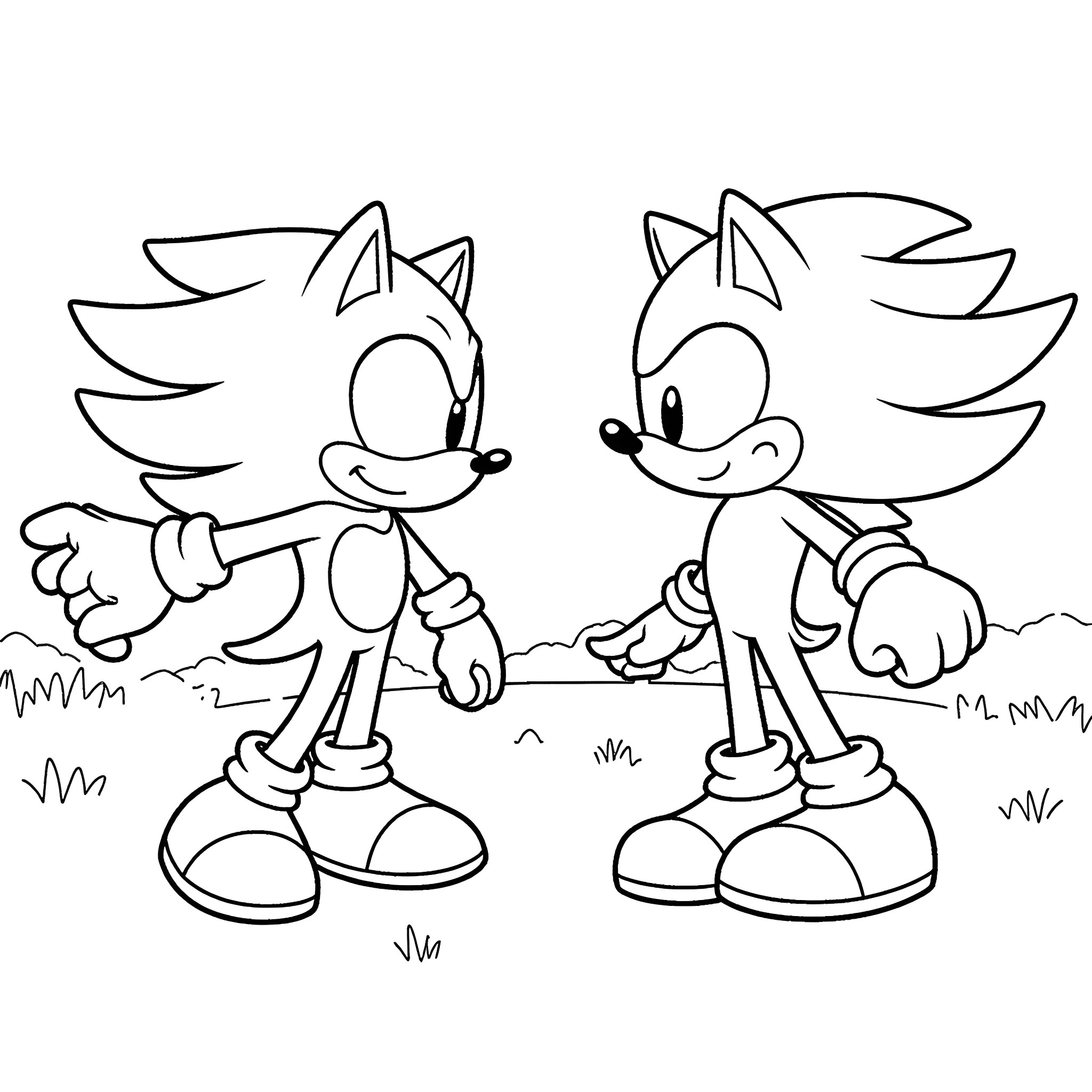 Sonic characters in playful poses Coloring Page (free black-and-white line drawing printable PDF for all, from beginners to advanced learners, including children, teens, adults, and seniors)