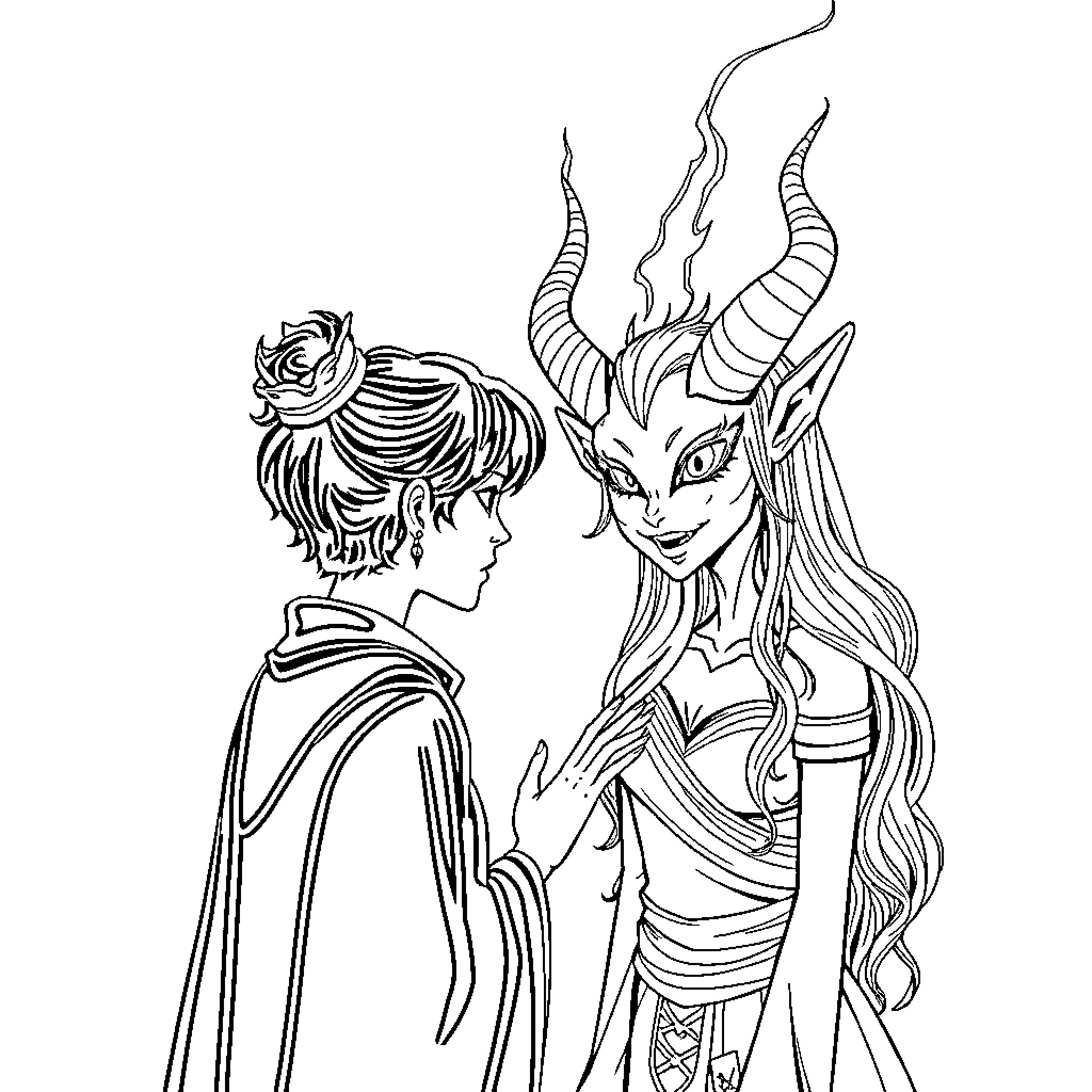 Rumi's Mythical Encounter with a Fantastical Creature Coloring Page (free black-and-white line drawing printable PDF for all, from beginners to advanced learners, including children, teens, adults, and seniors)