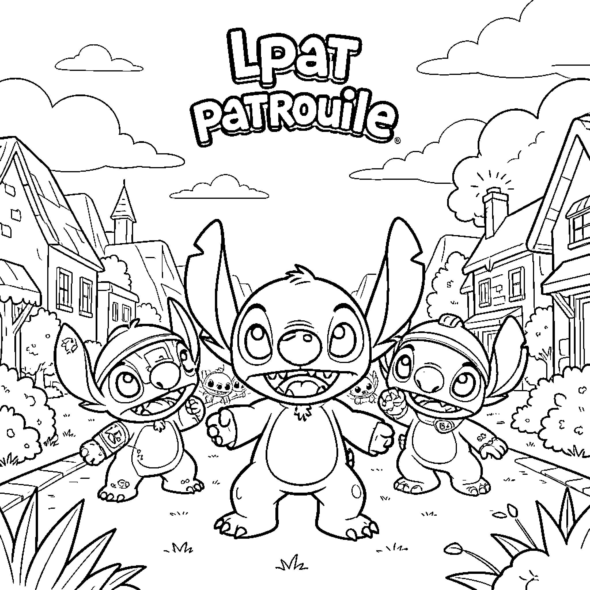 Pat Patrouille characters laughing joyfully in a village scene Coloring Page (free black-and-white line drawing printable PDF for all, from beginners to advanced learners, including children, teens, adults, and seniors)
