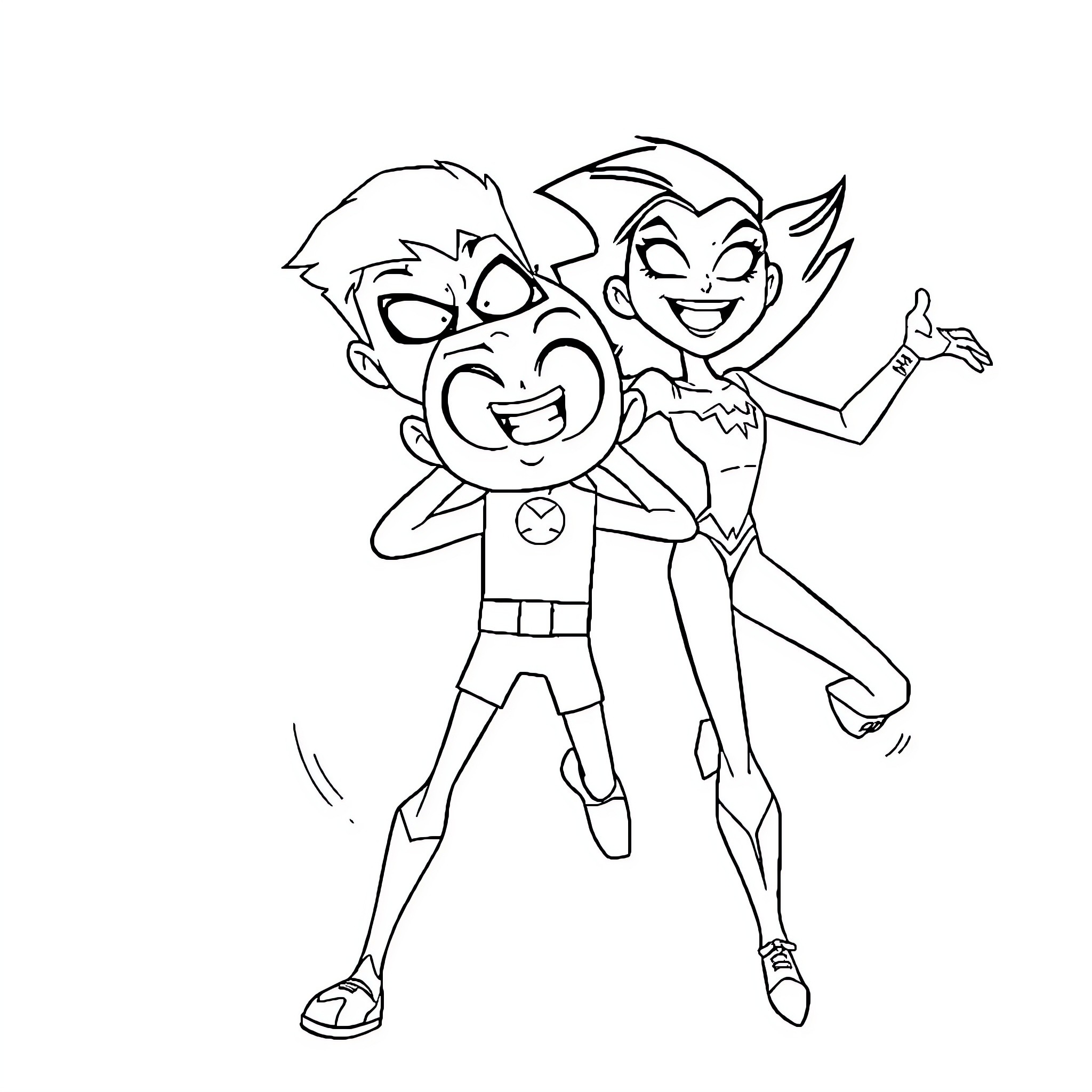 Teen Titans in Playful Antics Coloring Page (free black-and-white line drawing printable PDF for all, from beginners to advanced learners, including children, teens, adults, and seniors)