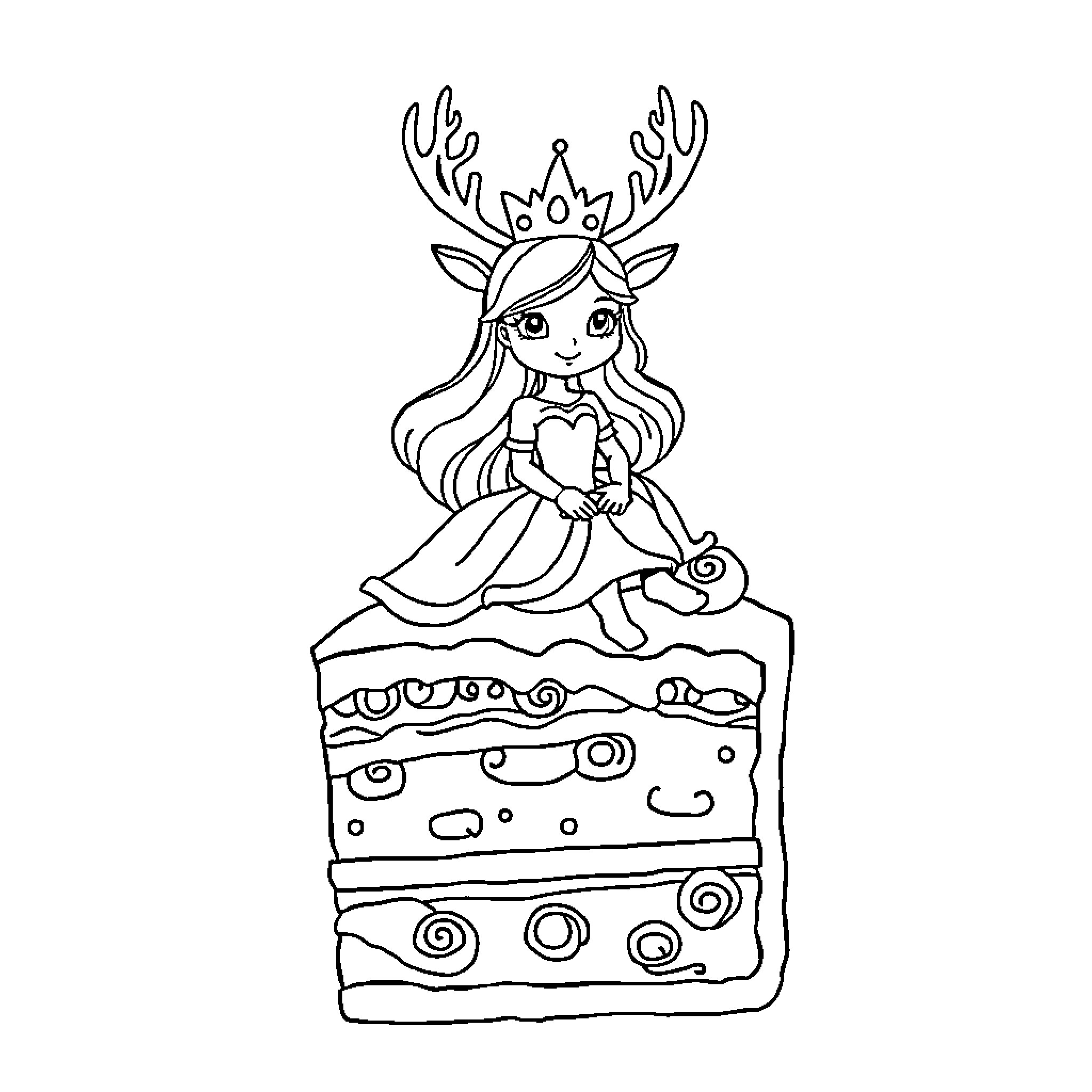Princess Deer-Themed Girl on Layered Cake Coloring Page (free black-and-white line drawing printable PDF for all, from beginners to advanced learners, including children, teens, adults, and seniors)