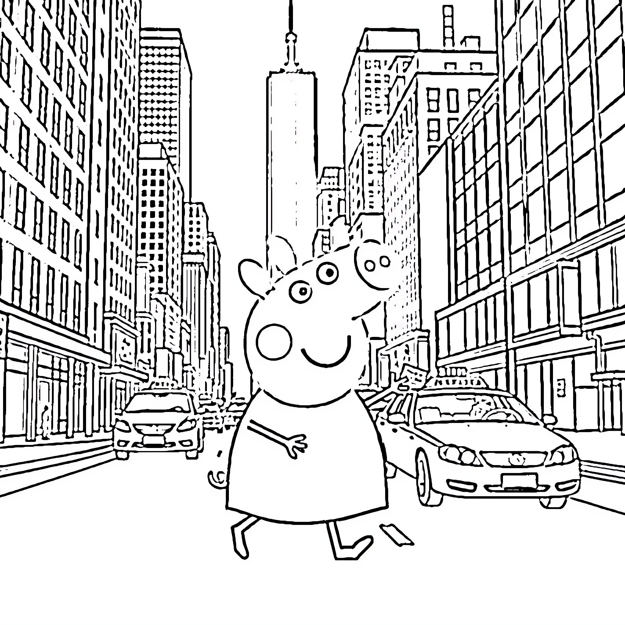 Peppa explores the bustling city streets Coloring Page (free black-and-white line drawing printable PDF for all, from beginners to advanced learners, including children, teens, adults, and seniors)