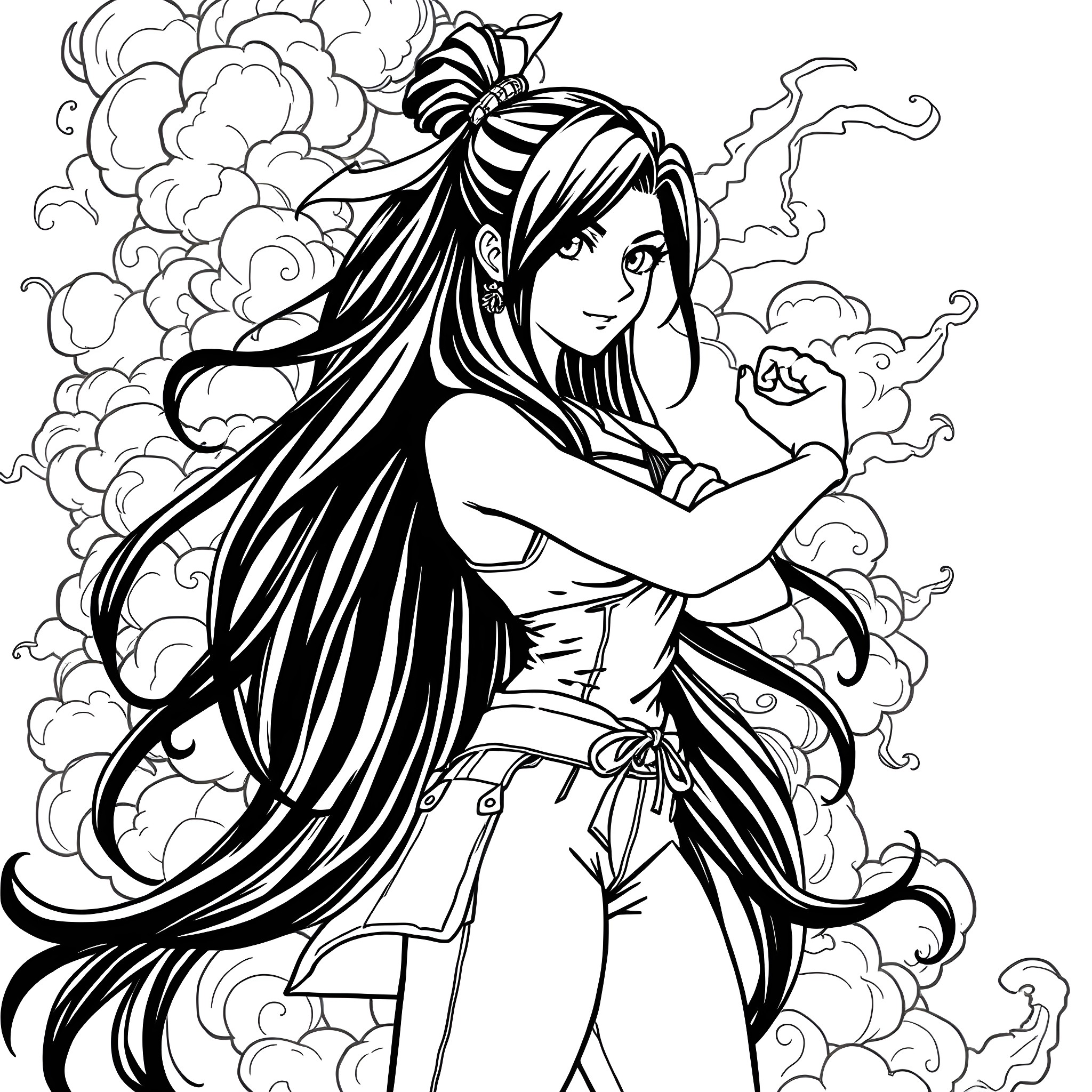 Tifa Lockhart: Fierce and Determined Coloring Page (free black-and-white line drawing printable PDF for all, from beginners to advanced learners, including children, teens, adults, and seniors)