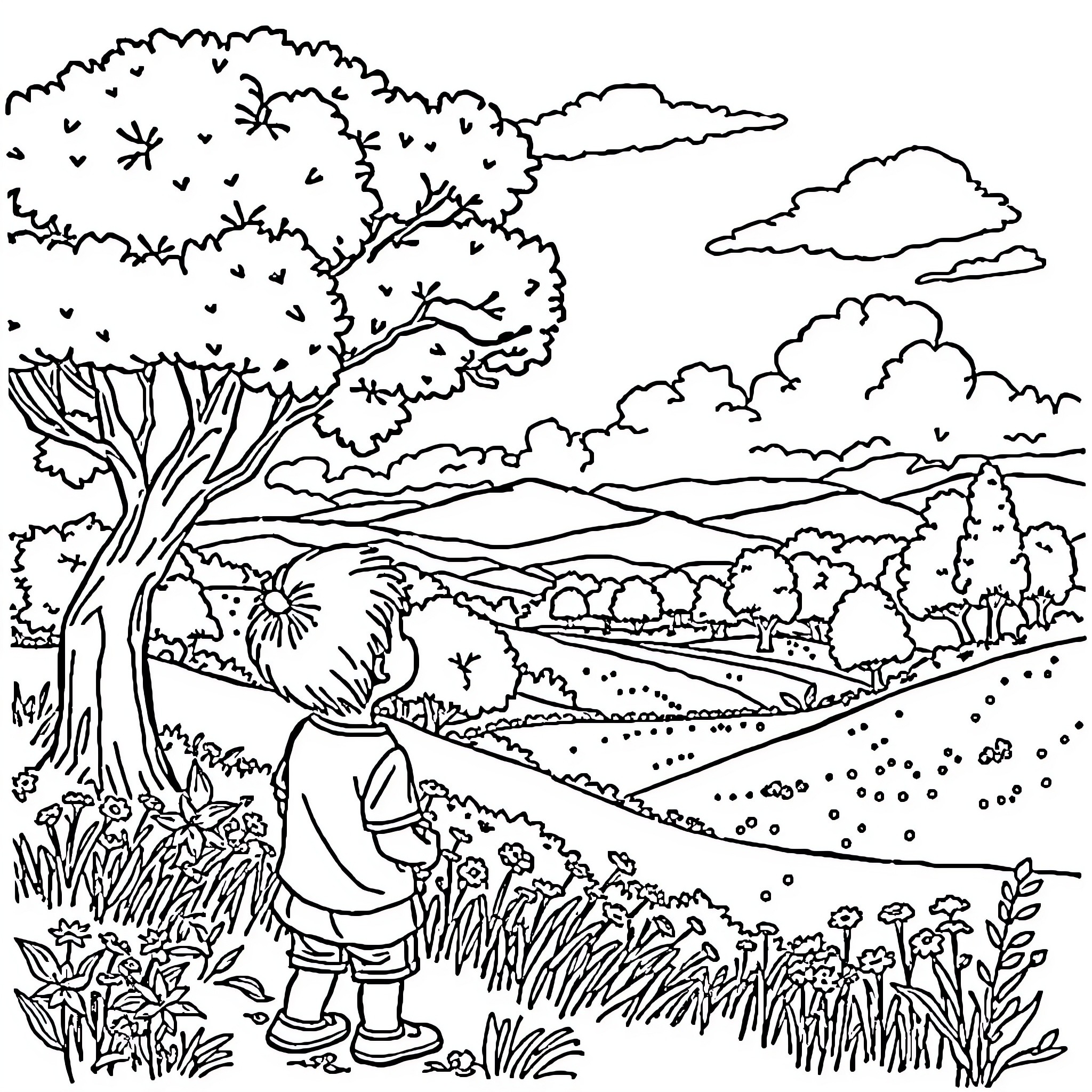Niño exploring the serene countryside landscape Coloring Page (free black-and-white line drawing printable PDF for all, from beginners to advanced learners, including children, teens, adults, and seniors)