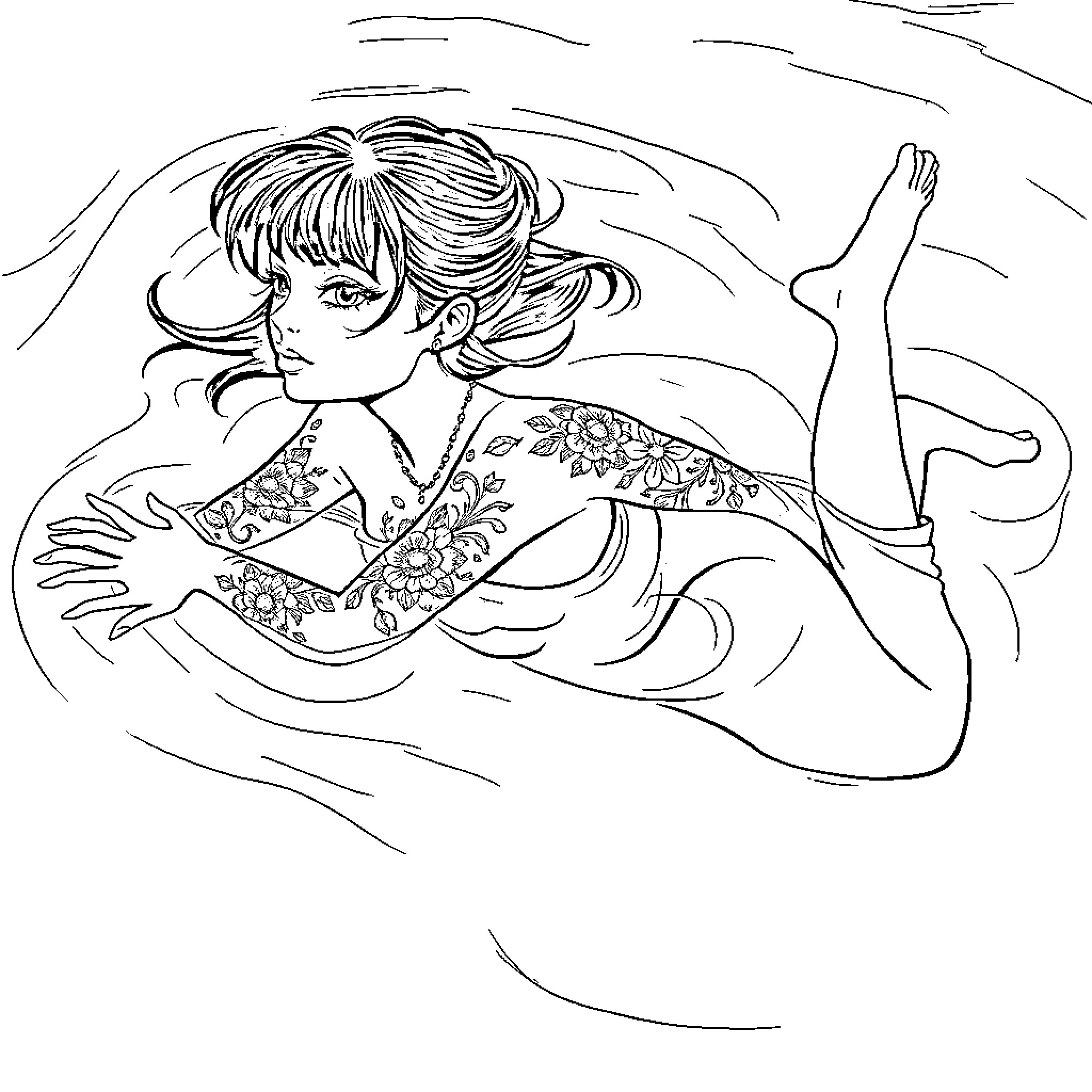 Goth Girl Relaxing in Waves Coloring Page (free black-and-white line drawing printable PDF for all, from beginners to advanced learners, including children, teens, adults, and seniors)