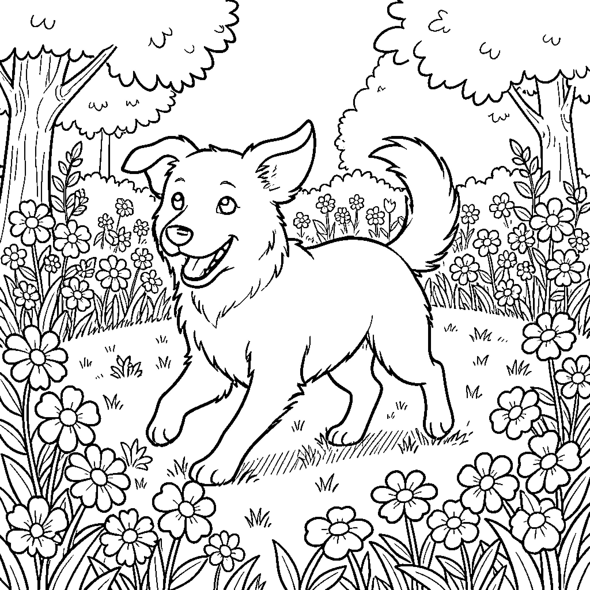 Perro jugando alegremente entre flores en el parque Coloring Page (free black-and-white line drawing printable PDF for all, from beginners to advanced learners, including children, teens, adults, and seniors)