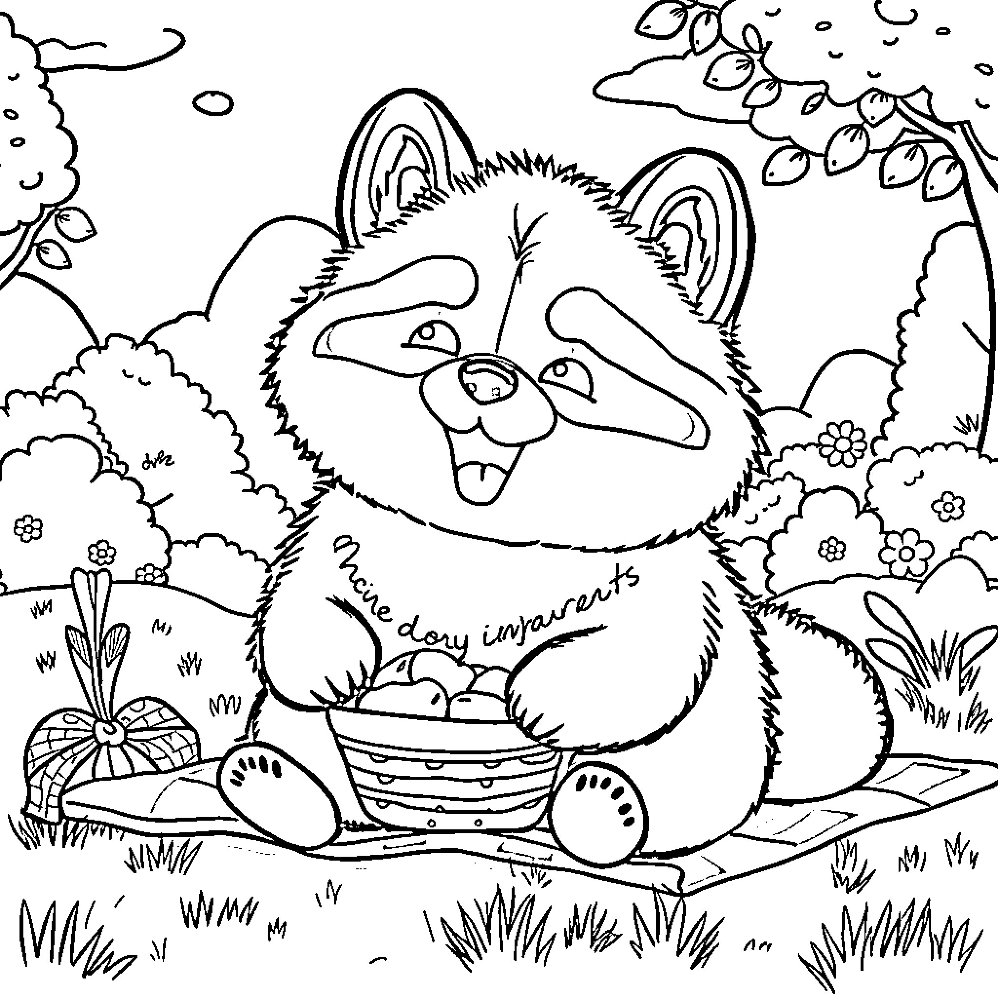 Tanuki enjoying a basket of treats in the forest Coloring Page (free black-and-white line drawing printable PDF for all, from beginners to advanced learners, including children, teens, adults, and seniors)