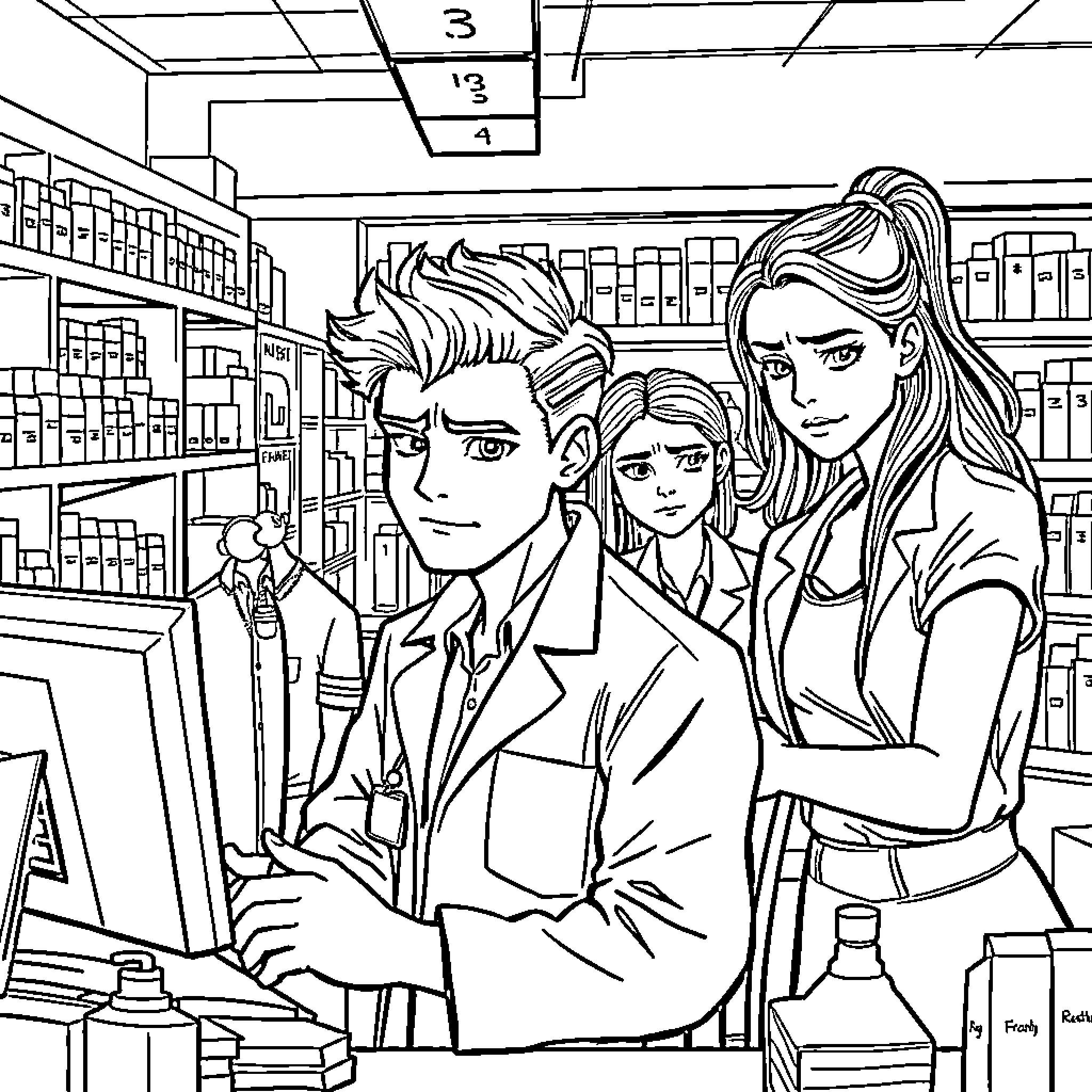 Pharmacist assisting customers in the pharmacy Coloring Page (free black-and-white line drawing printable PDF for all, from beginners to advanced learners, including children, teens, adults, and seniors)