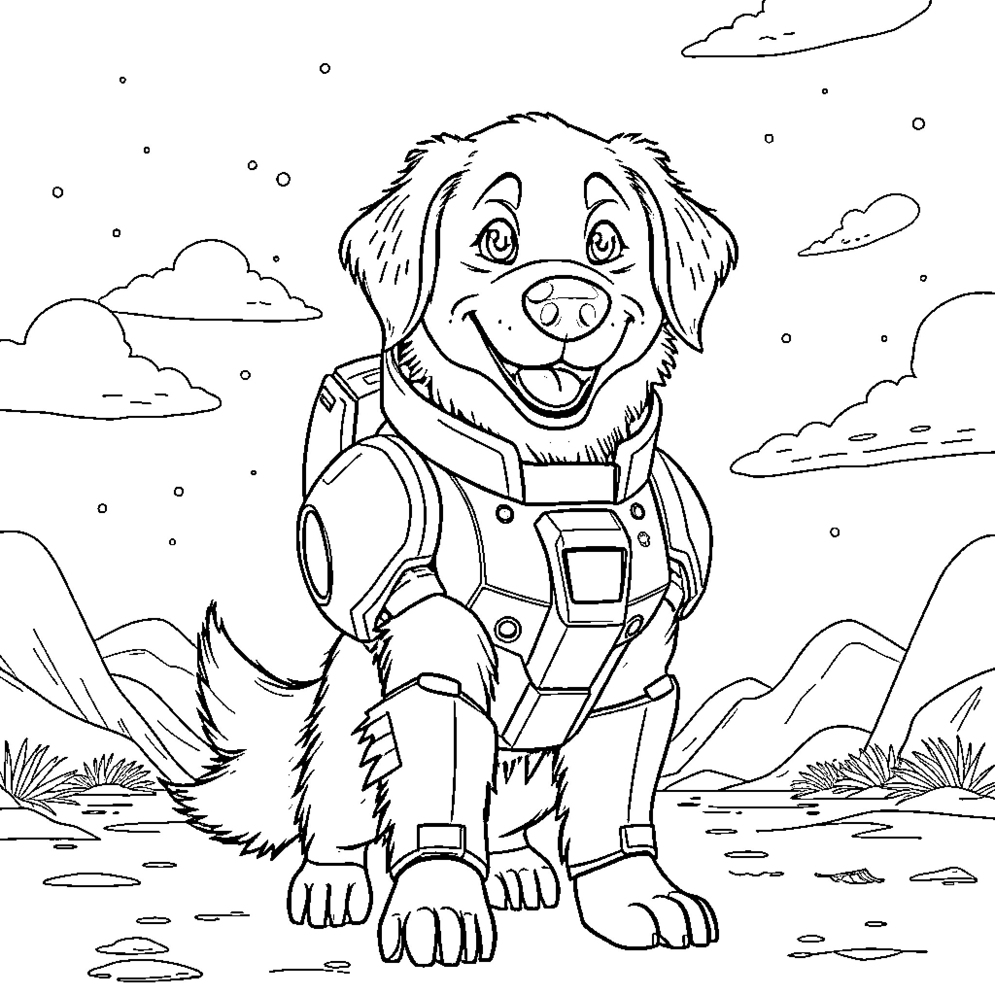 Dog wearing overalls and smiling outdoors Coloring Page (free black-and-white line drawing printable PDF for all, from beginners to advanced learners, including children, teens, adults, and seniors)