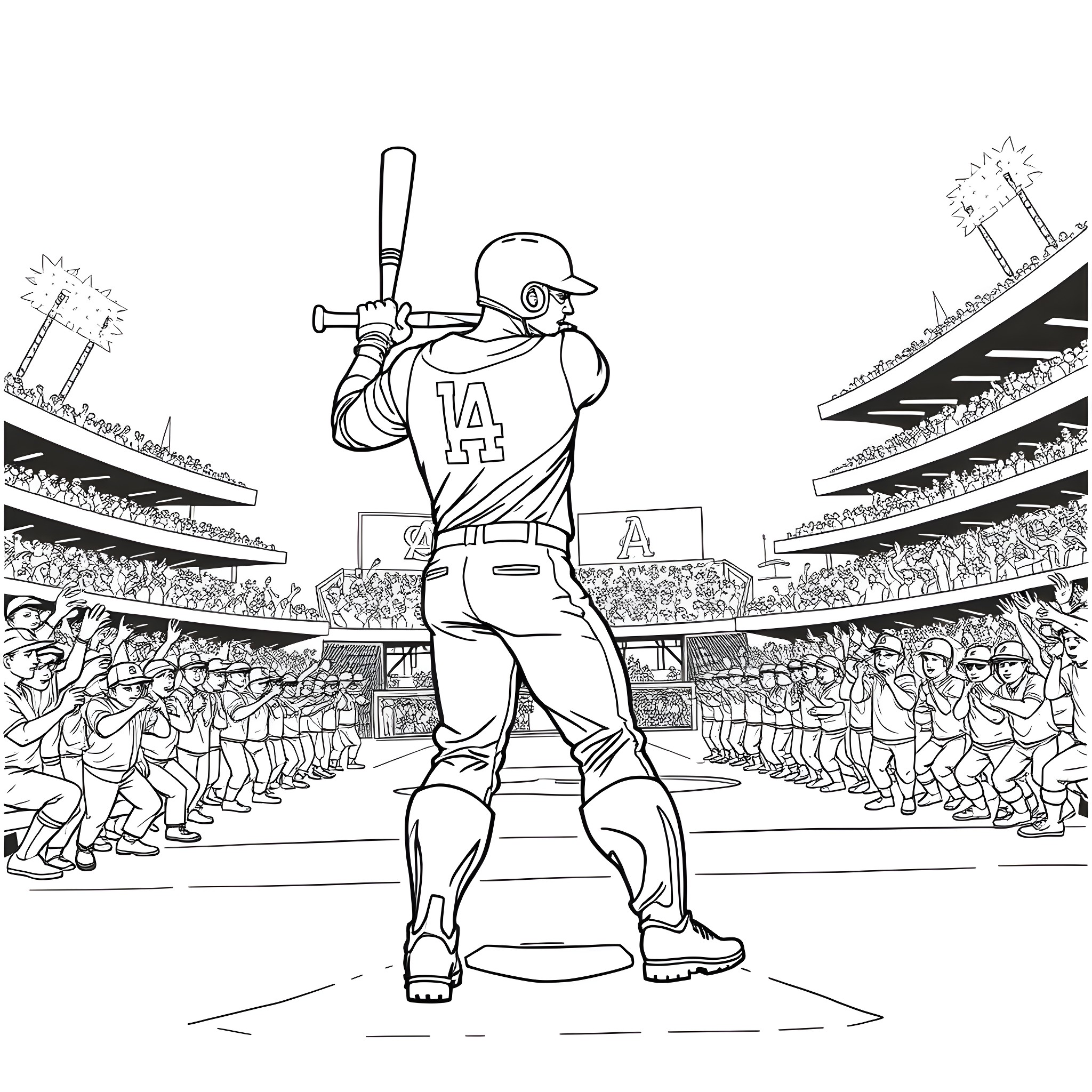 Captain America Baseball Player in Action Coloring Page (free black-and-white line drawing printable PDF for all, from beginners to advanced learners, including children, teens, adults, and seniors)