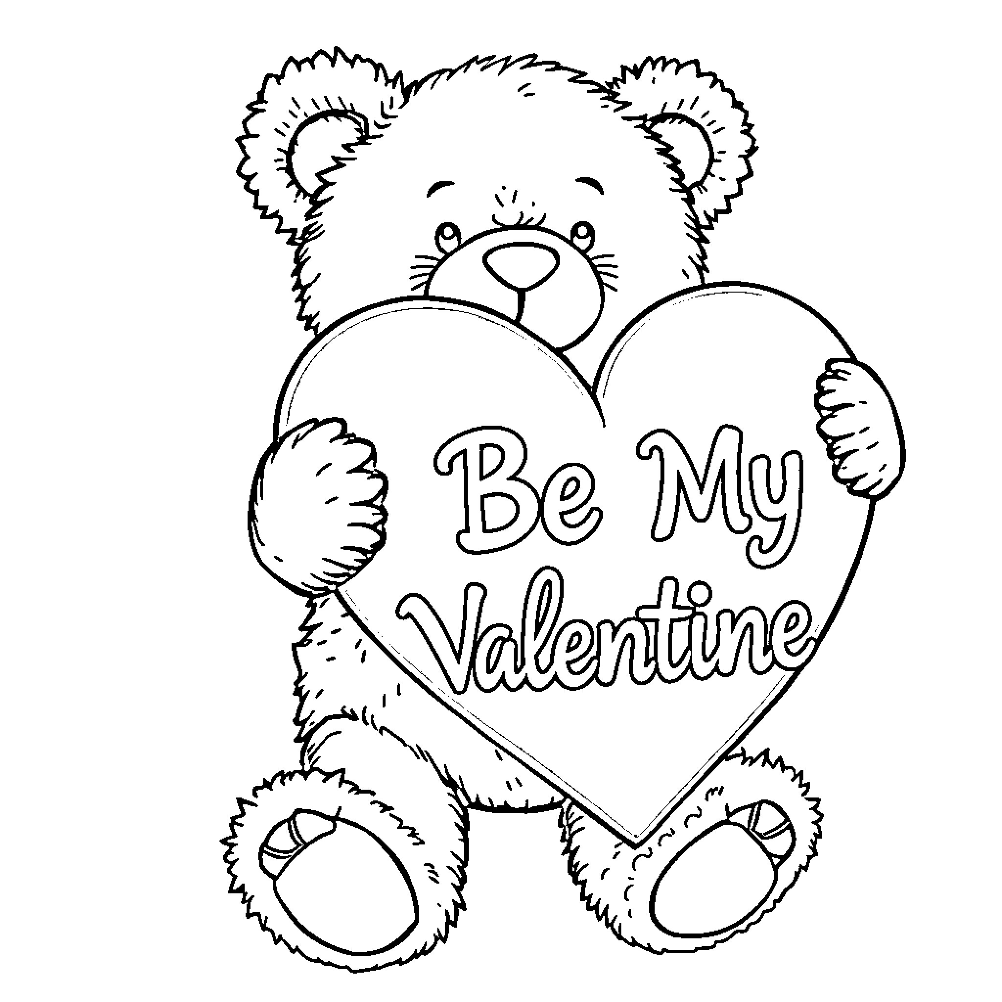 Teddy Bear holding Valentine's Day heart Coloring Page (free black-and-white line drawing printable PDF for all, from beginners to advanced learners, including children, teens, adults, and seniors)