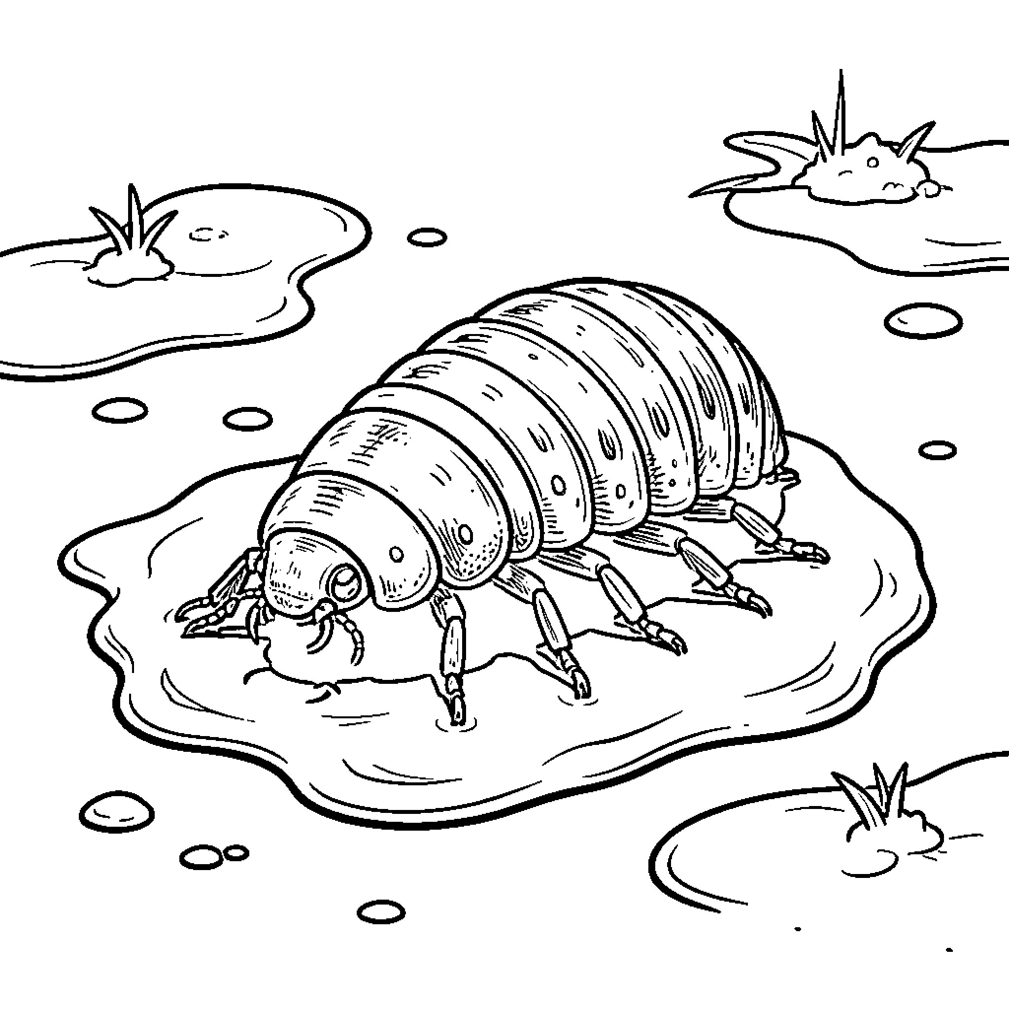 Woodlouse crawling on a small puddle Coloring Page (free black-and-white line drawing printable PDF for all, from beginners to advanced learners, including children, teens, adults, and seniors)