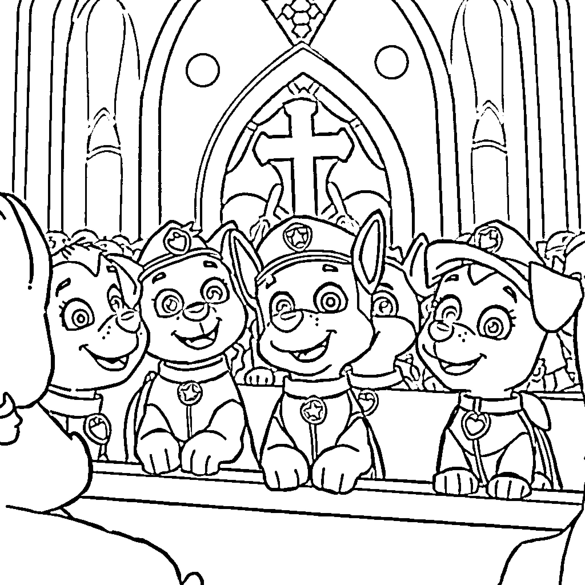 Paw Patrol Puppies in a Church Setting Coloring Page (free black-and-white line drawing printable PDF for all, from beginners to advanced learners, including children, teens, adults, and seniors)