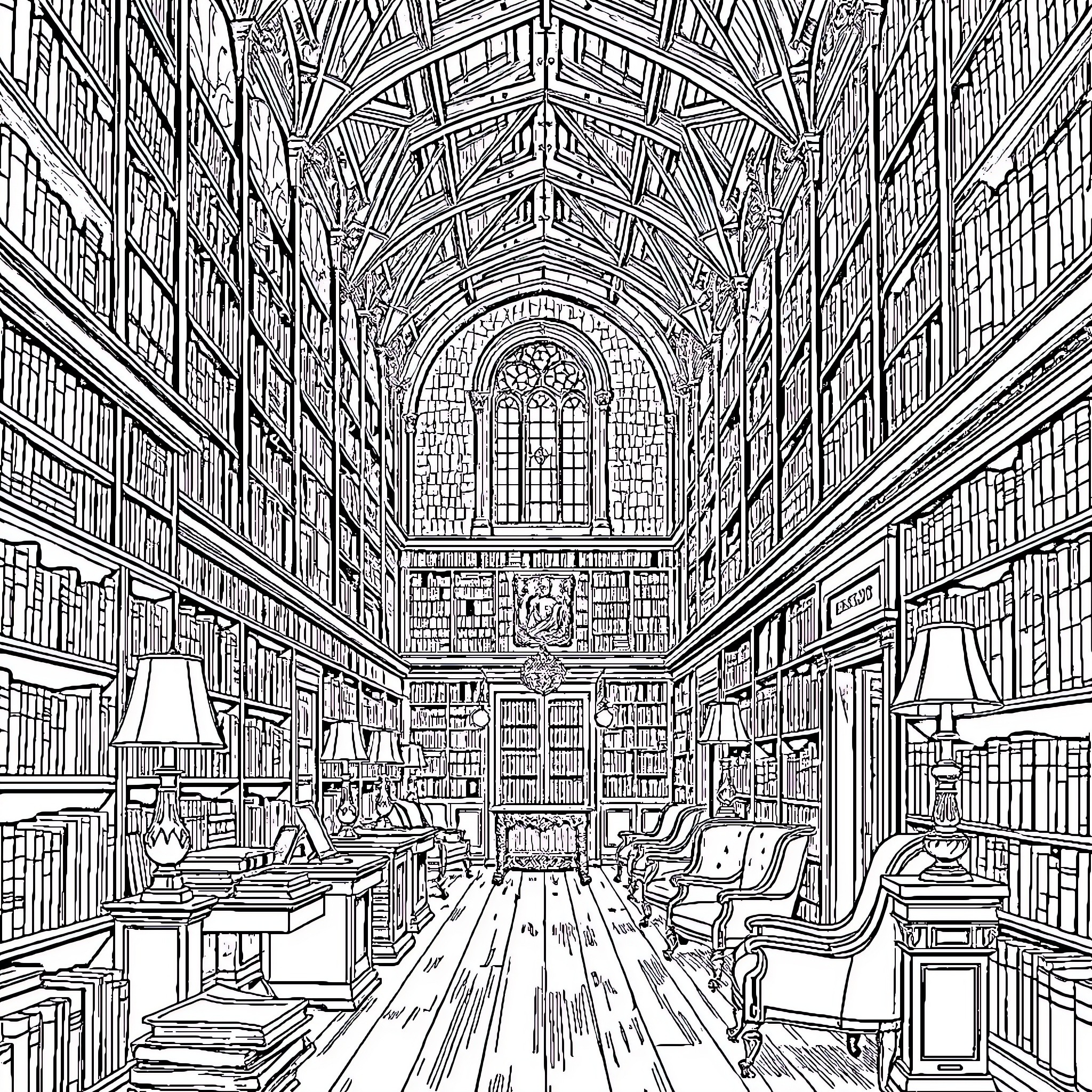 Library of Elegant Arched Interiors and Bookshelves Coloring Page (free black-and-white line drawing printable PDF for all, from beginners to advanced learners, including children, teens, adults, and seniors)