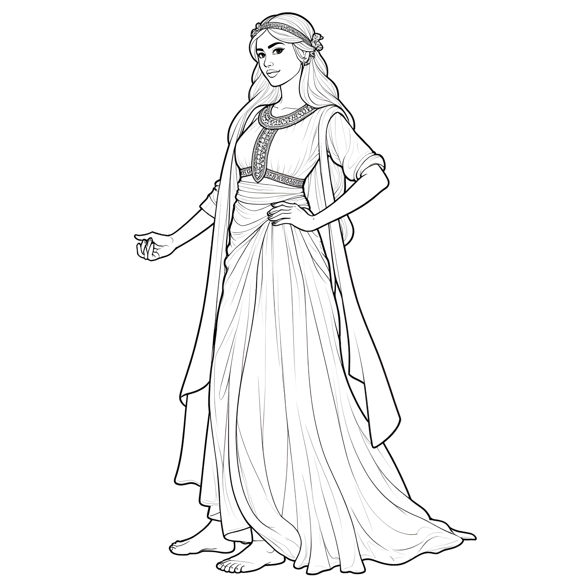 Woman in traditional clothing and headdress Coloring Page (free black-and-white line drawing printable PDF for all, from beginners to advanced learners, including children, teens, adults, and seniors)
