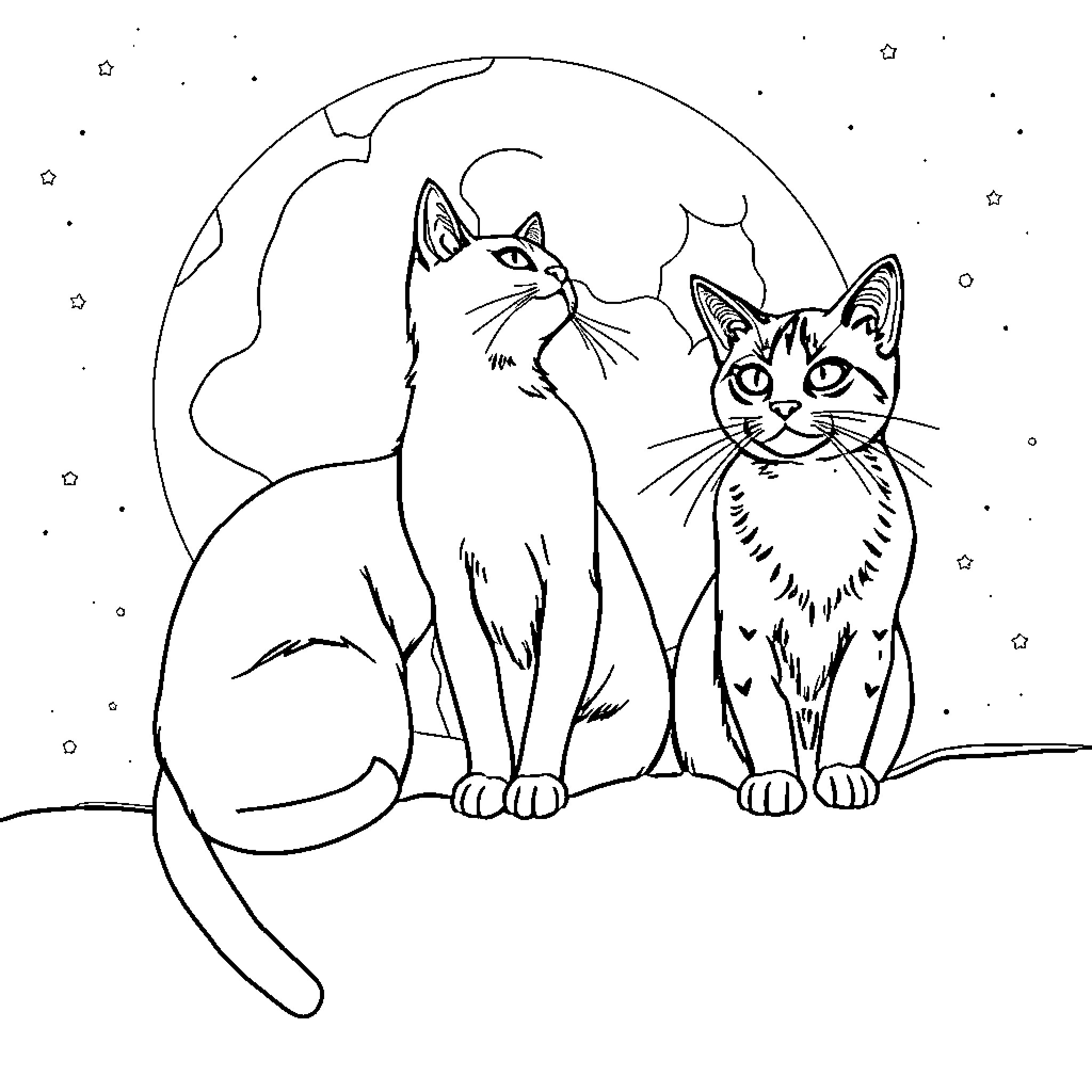Cats observing the night sky Coloring Page (free black-and-white line drawing printable PDF for all, from beginners to advanced learners, including children, teens, adults, and seniors)