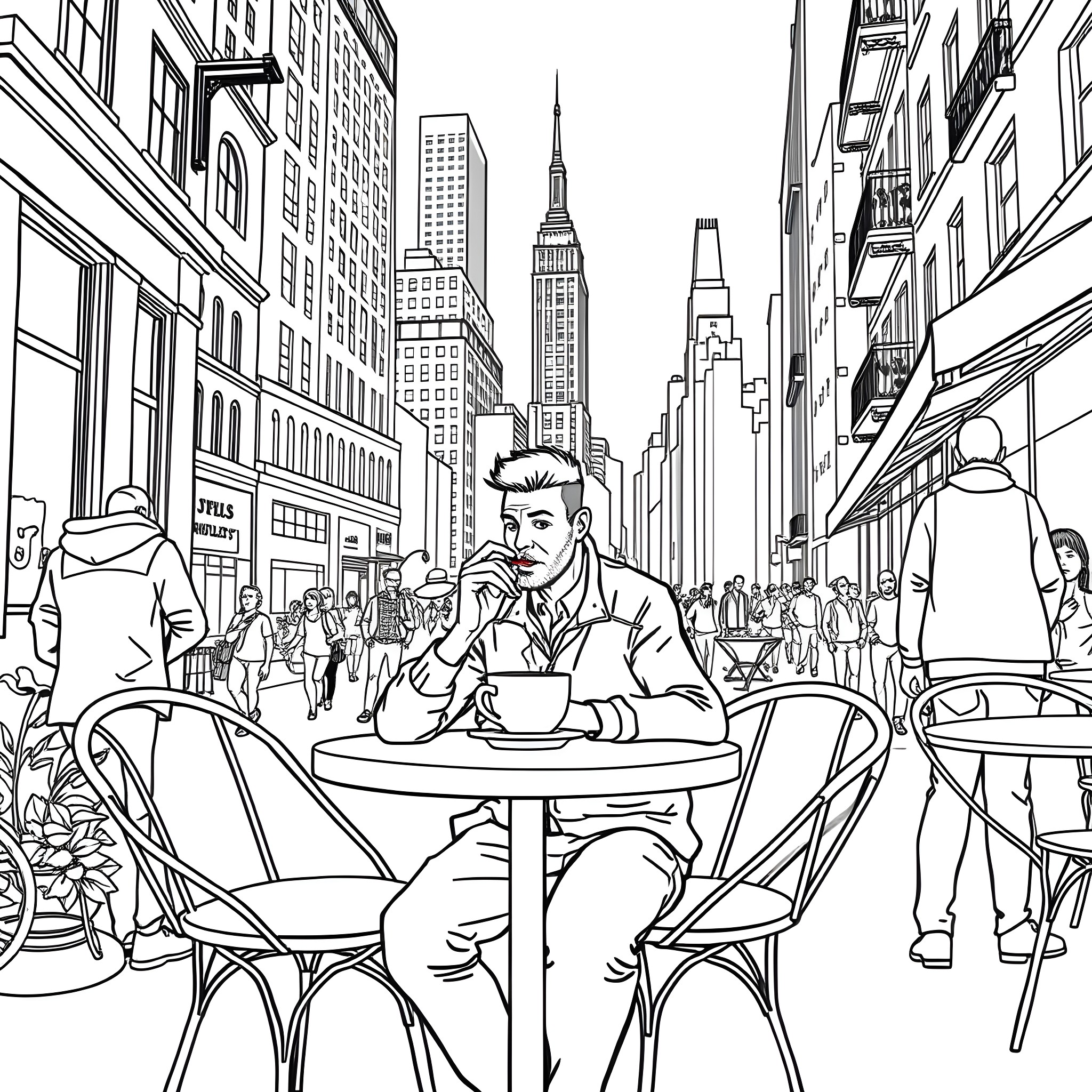 Man enjoying coffee in bustling city street Coloring Page (free black-and-white line drawing printable PDF for all, from beginners to advanced learners, including children, teens, adults, and seniors)