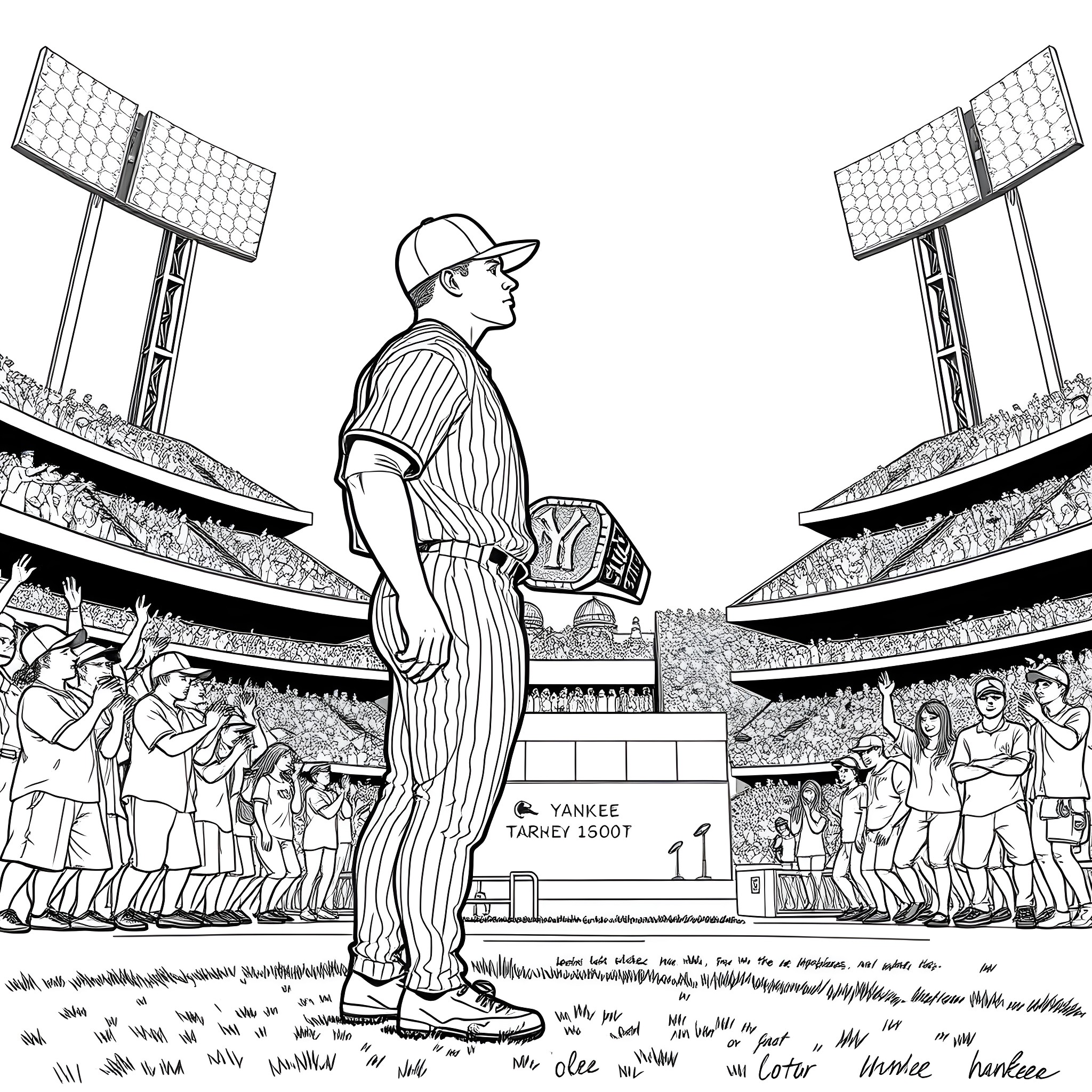 Yankee Baseball Player on the Field Coloring Page (free black-and-white line drawing printable PDF for all, from beginners to advanced learners, including children, teens, adults, and seniors)
