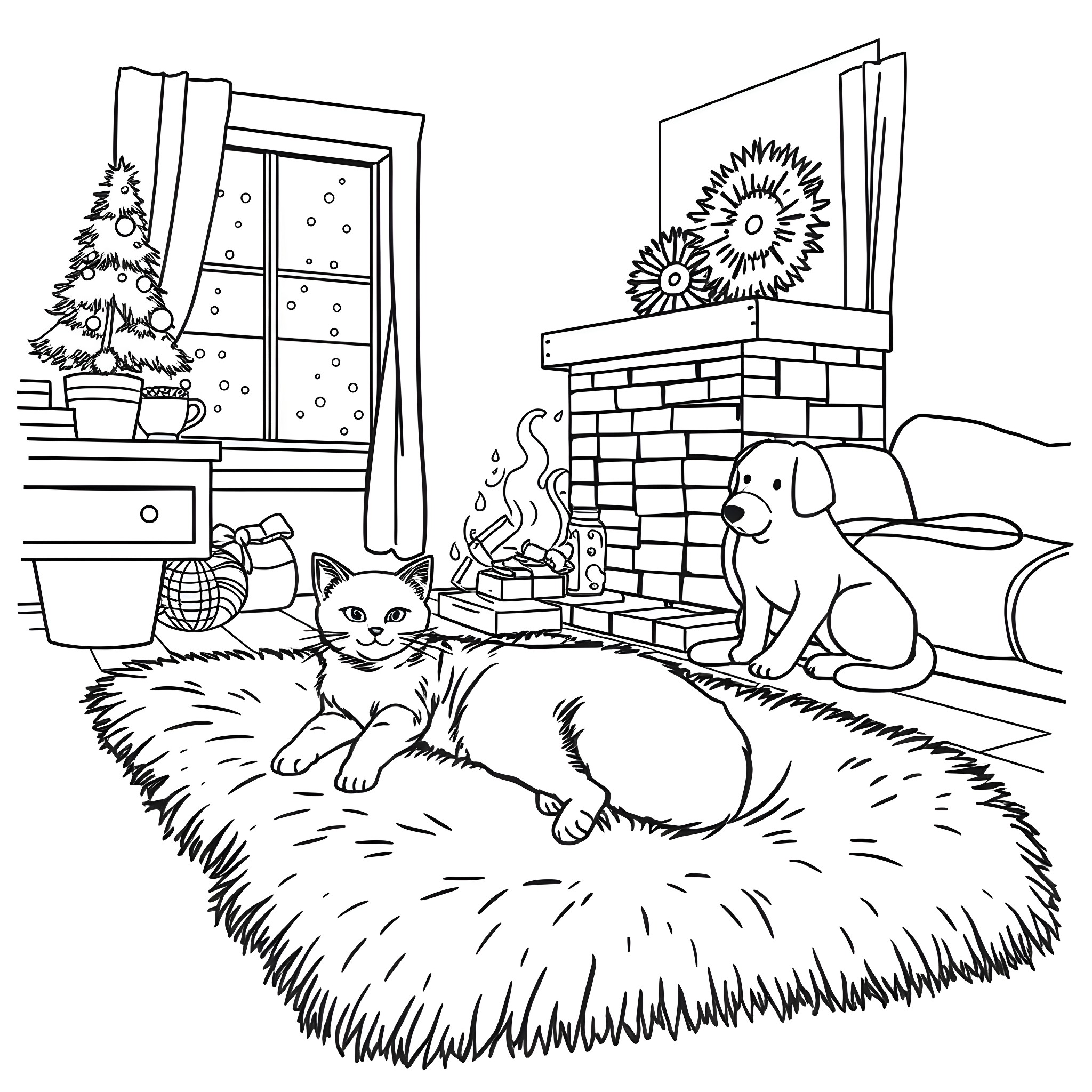 Cats relaxing by the cozy fireplace Coloring Page (free black-and-white line drawing printable PDF for all, from beginners to advanced learners, including children, teens, adults, and seniors)