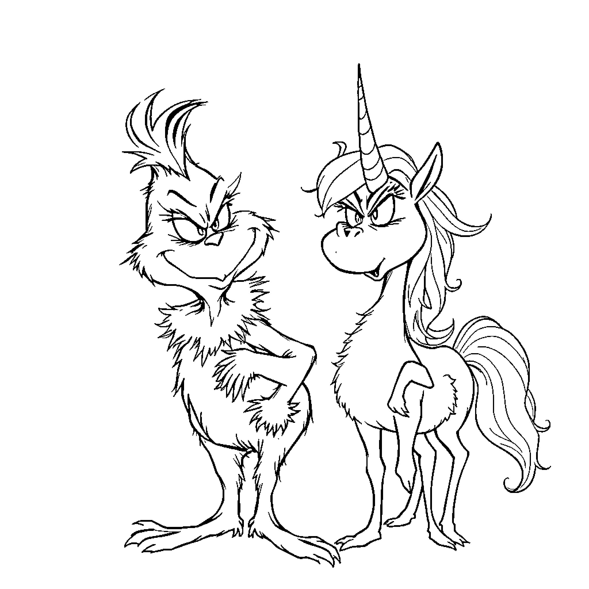 Grinch and Unicorn in Mischievous Poses Coloring Page (free black-and-white line drawing printable PDF for all, from beginners to advanced learners, including children, teens, adults, and seniors)