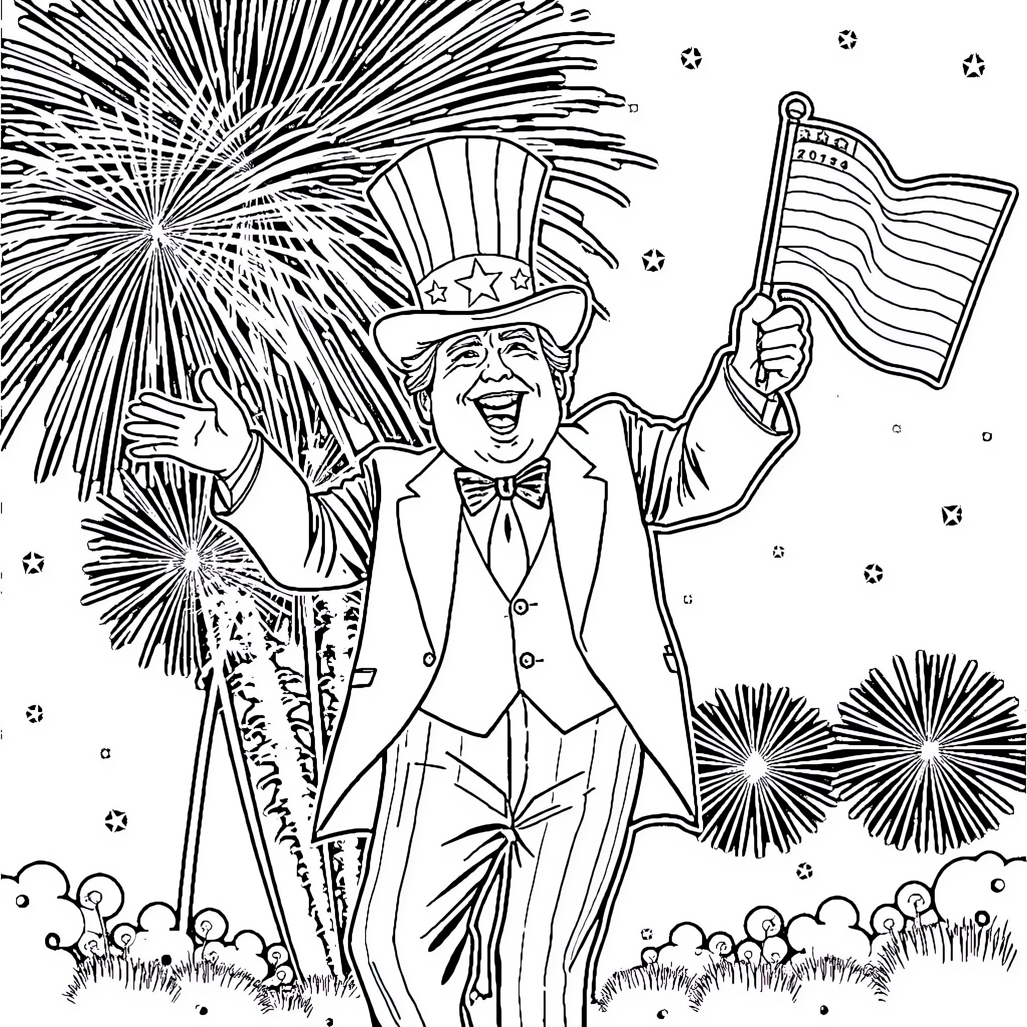 Donald Trump Celebrating Independence with Fireworks Coloring Page (free black-and-white line drawing printable PDF for all, from beginners to advanced learners, including children, teens, adults, and seniors)