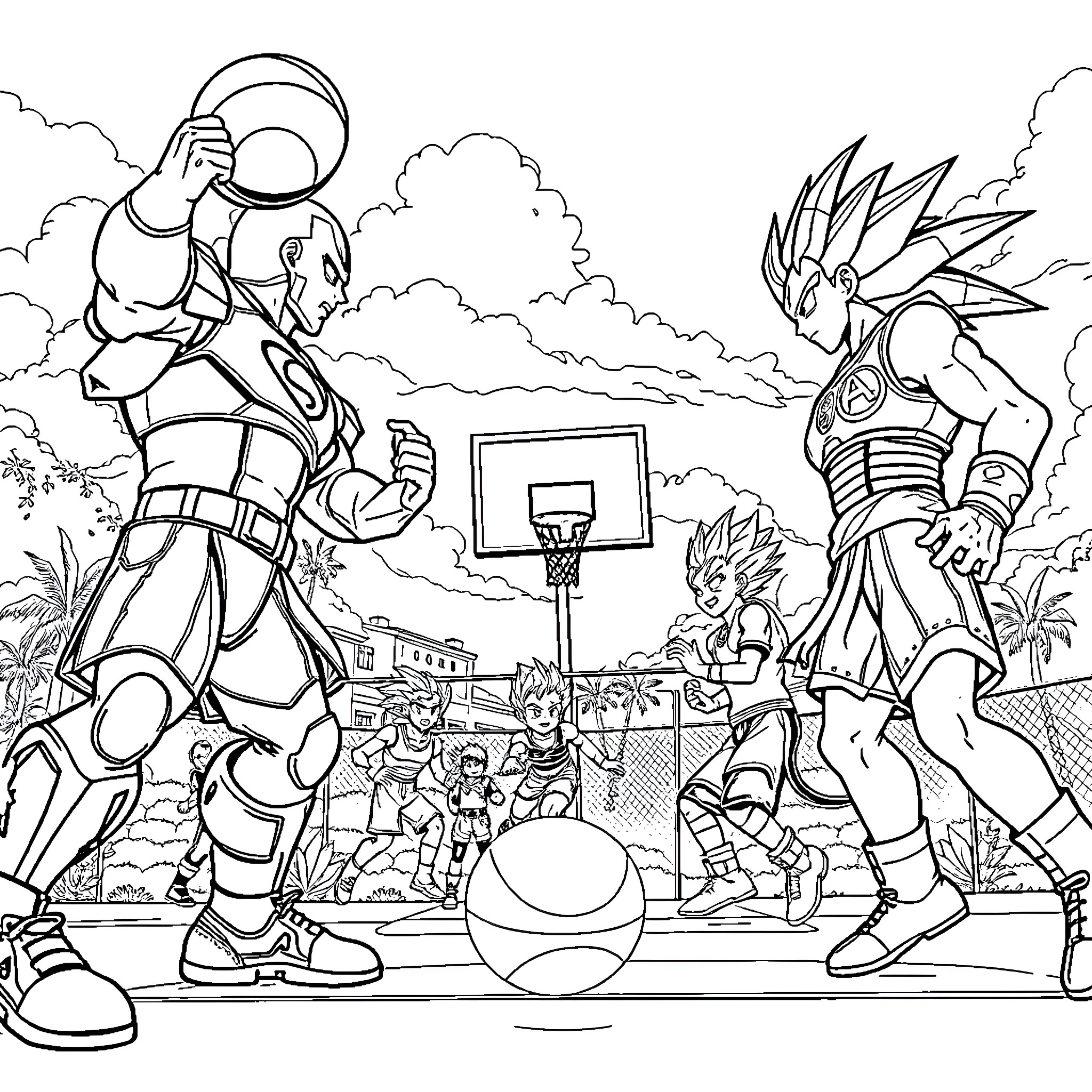 Avenger heroes playing basketball on the court Coloring Page (free black-and-white line drawing printable PDF for all, from beginners to advanced learners, including children, teens, adults, and seniors)