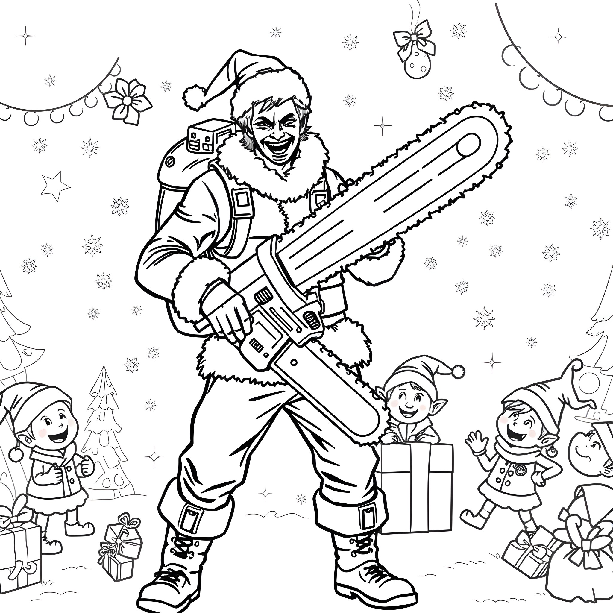 Ash Williams wielding a chainsaw in a festive winter scene Coloring Page (free black-and-white line drawing printable PDF for all, from beginners to advanced learners, including children, teens, adults, and seniors)