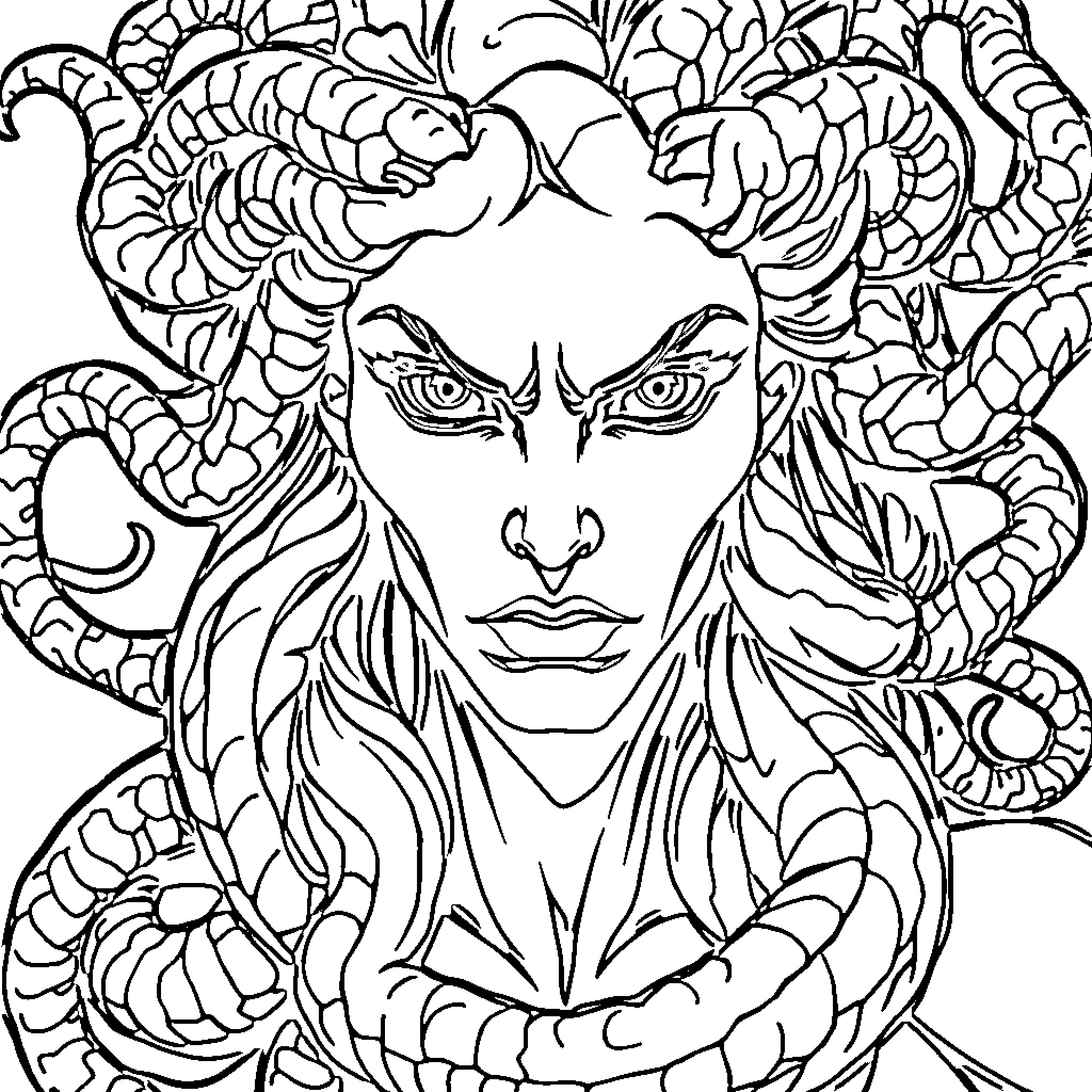 Medusa's Serpentine Gaze Coloring Page (free black-and-white line drawing printable PDF for all, from beginners to advanced learners, including children, teens, adults, and seniors)