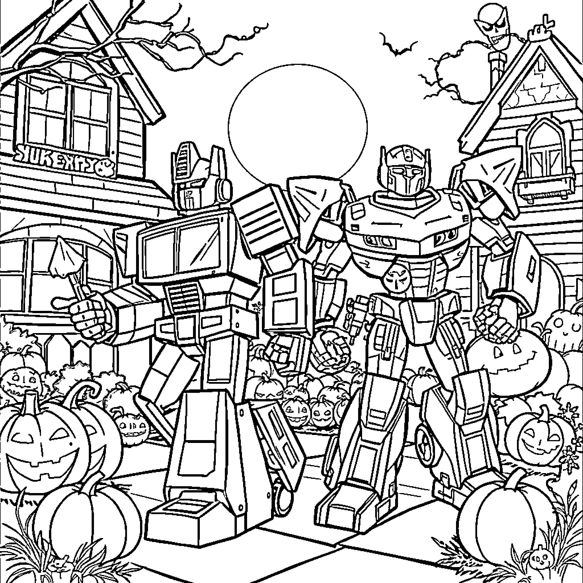Transformer robots in spooky Halloween scene Coloring Page (free black-and-white line drawing printable PDF for all, from beginners to advanced learners, including children, teens, adults, and seniors)