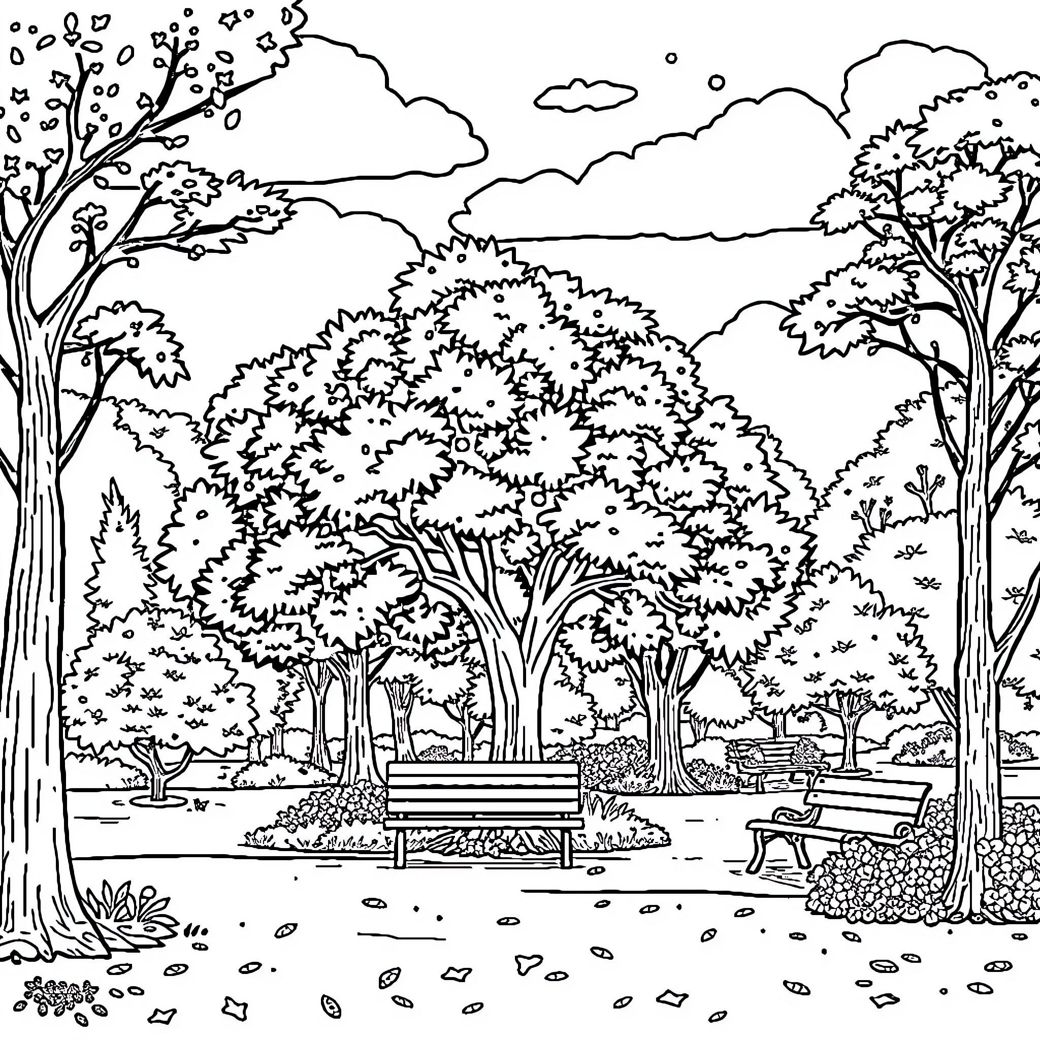 Park with scenic landscape and benches Coloring Page (free black-and-white line drawing printable PDF for all, from beginners to advanced learners, including children, teens, adults, and seniors)