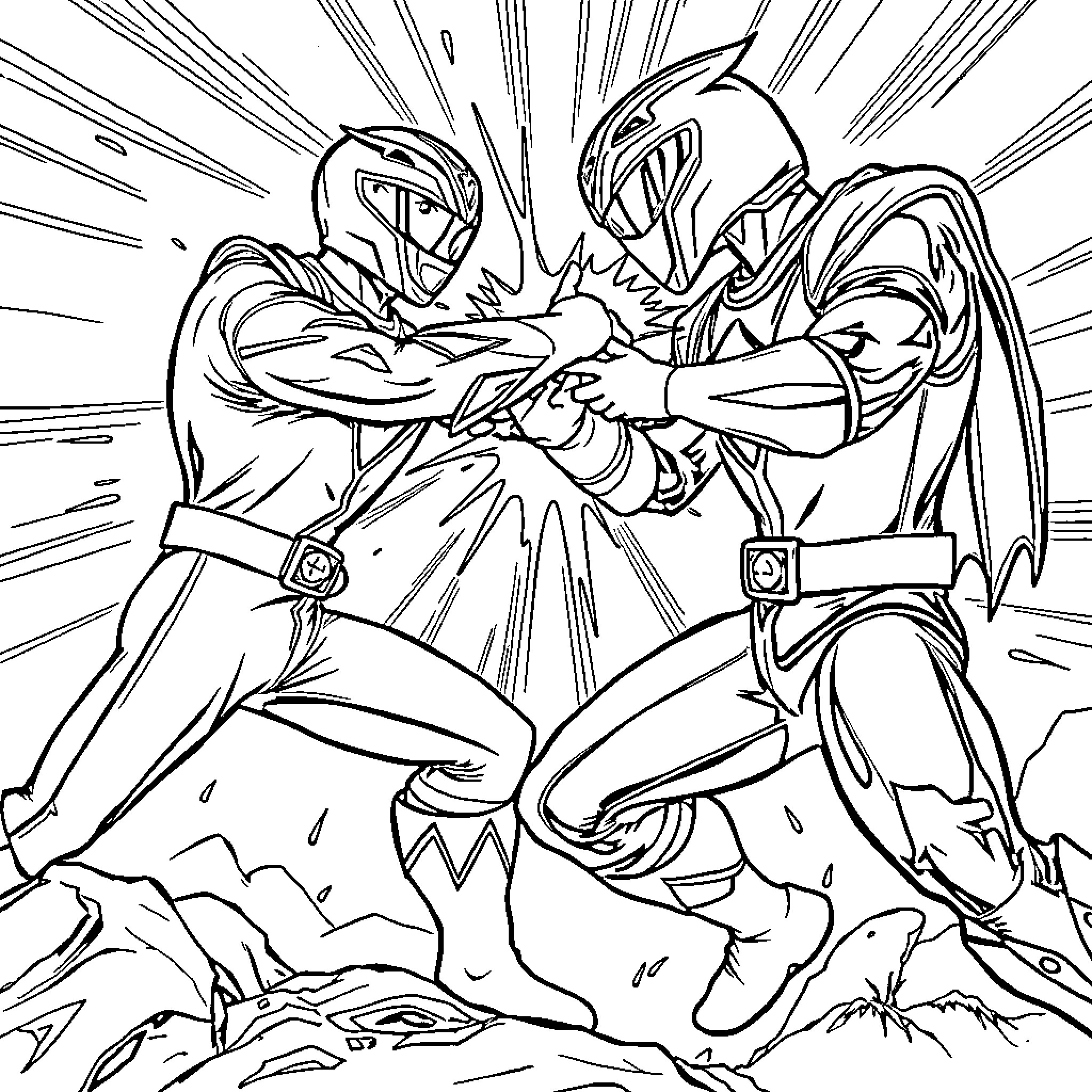 Power Rangers Engaged in Intense Battle Coloring Page (free black-and-white line drawing printable PDF for all, from beginners to advanced learners, including children, teens, adults, and seniors)
