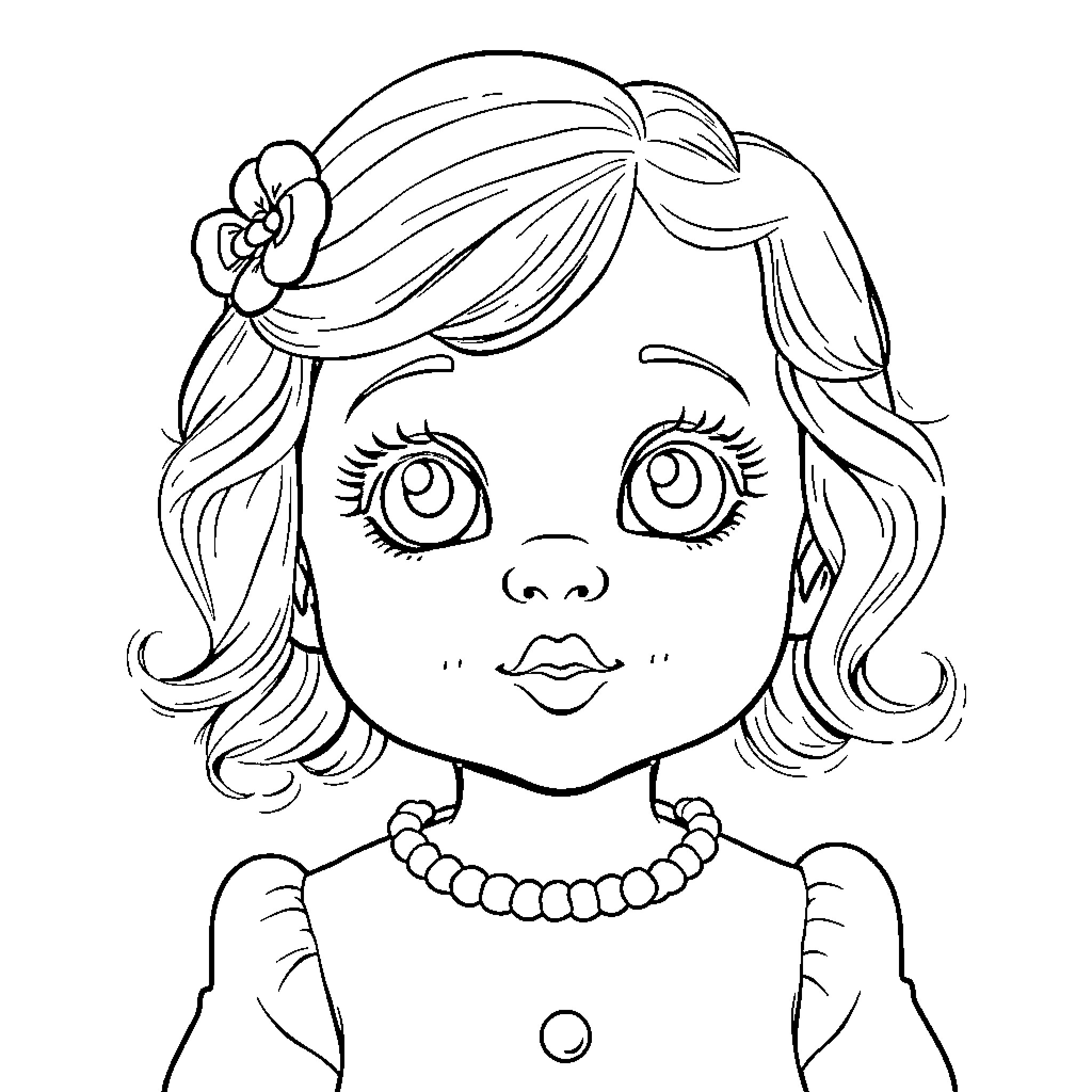 Baby Girl with Decorative Hairstyle and Accessories Coloring Page (free black-and-white line drawing printable PDF for all, from beginners to advanced learners, including children, teens, adults, and seniors)